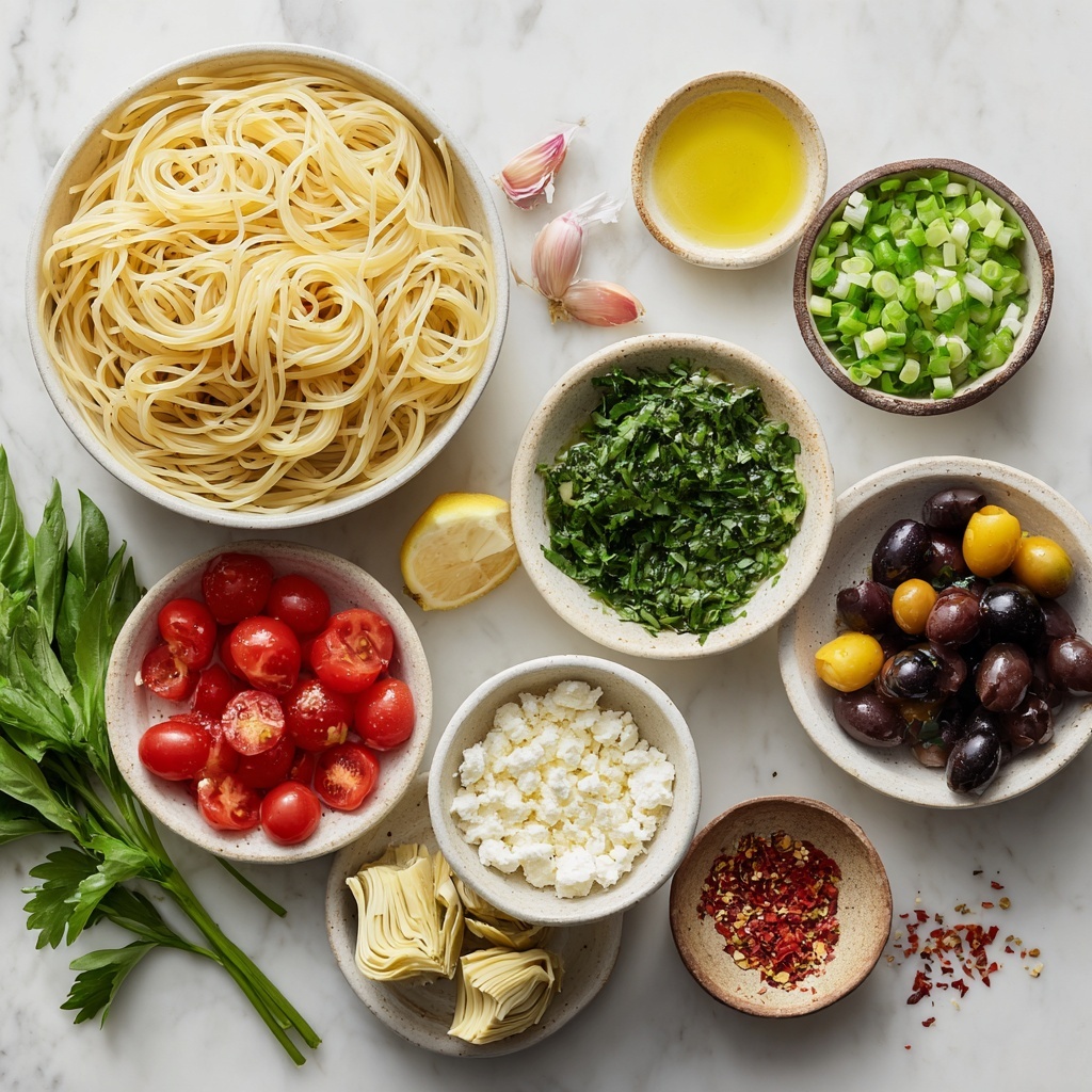 A bowl of spaghetti with three main layers is shown. The bottom layer is light yellow spaghetti noodles, filling most of the bowl. On top, there are bright red and yellow cherry tomato halves, dark purple olives, and green fresh basil leaves, scattered around. There are also white crumbles of cheese and some pale green artichoke pieces placed unevenly on the pasta. A silver fork with a detailed handle is stuck in the spaghetti on the right side. The bowl is white with a speckled texture inside, set on a white marbled background. A corner of gray cloth appears at the bottom right. Photo taken with an iphone --ar 4:5 --v 7