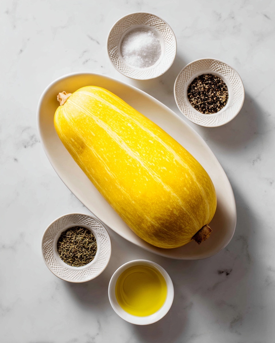 A whole bright yellow spaghetti squash sits centered on a white oval plate, placed on a white marbled surface. Above the plate, there are two small white bowls with textured edges, one filled with coarse sea salt and the other with black pepper. Below the plate, a similar small white bowl contains golden olive oil. The arrangement is simple and clean, showcasing the squash and the three seasoning ingredients clearly in a well-lit setting. photo taken with an iphone --ar 4:5 --v 7