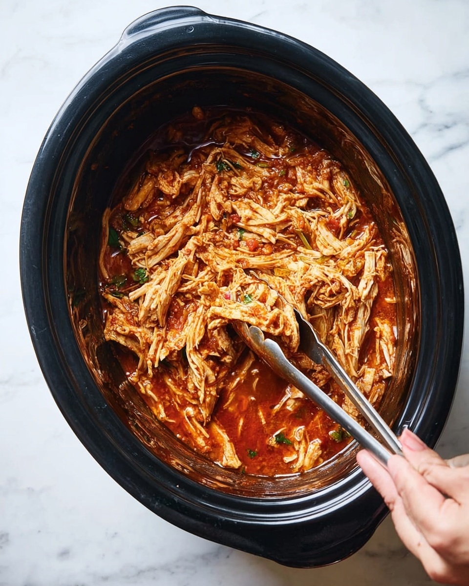 The image shows a black slow cooker filled with shredded light brown chicken mixed with a thick, rich, reddish-brown sauce with visible small pieces of vegetables or herbs. A pair of metal tongs held by a woman's hand is lifting some of the shredded chicken from the sauce. The slow cooker is placed on a white marbled surface. Photo taken with an iphone --ar 4:5 --v 7