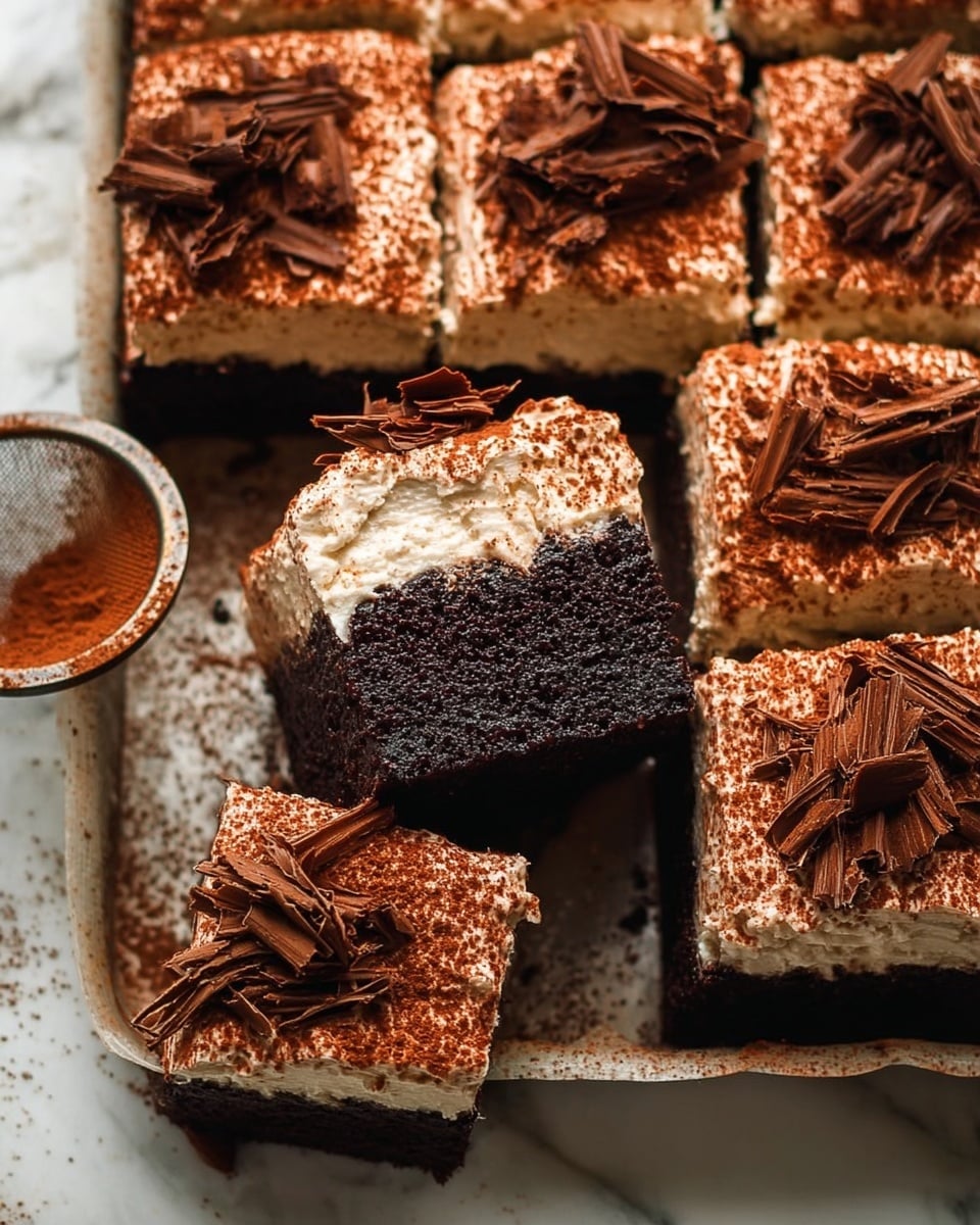 The image shows a close-up of dark chocolate cake squares arranged in a pan with a white marbled surface underneath. Each cake square has two visible layers: a thick, moist, dark brown cake base and a thick top layer of creamy white frosting sprinkled with cocoa powder. On top of the frosting are dark chocolate shavings scattered unevenly. One cake square is lifted, held by a woman's hand, showing the soft texture of both cake and frosting layers clearly. A small metal strainer with cocoa powder is placed near the cake on the white marbled surface. Photo taken with an iphone --ar 4:5 --v 7