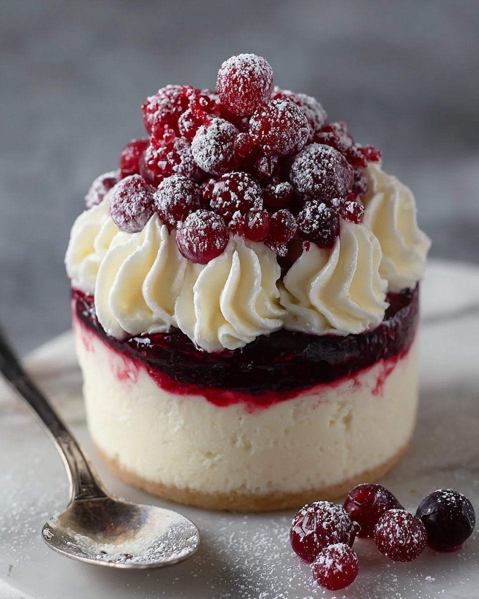 The dessert has three clear layers, starting from the bottom, a dark red berry sauce layer that looks smooth and glossy, above it a thick creamy white cheesecake layer with a soft texture, and on top, a layer of bright red whole berries piled high, shiny and sprinkled with white powdered sugar. Around the berries is a ring of white whipped cream swirls, giving a soft and fluffy texture contrast, all placed on a white marbled textured surface. In front of the dessert is an old silver spoon, with some powdered sugar and a couple of berries scattered nearby. Photo taken with an iphone --ar 4:5 --v 7