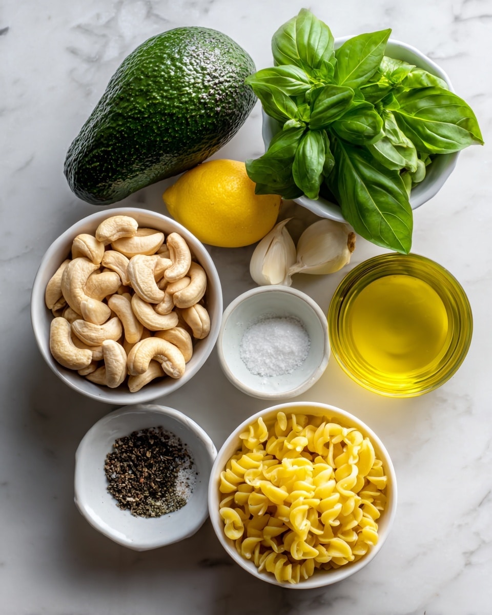 The image shows a collection of cooking ingredients arranged neatly on a white marbled surface. There is a large dark green avocado placed near the top left corner. Below it, a white bowl filled with raw unsalted cashew nuts sits beside a fresh bunch of green basil leaves in another white bowl. To the right of the avocado, there are two small white garlic cloves. Next to the garlic, there is a small white bowl containing ground black pepper and another small white bowl with white salt. Below these, a bright yellow lemon is placed near a small glass container filled with golden olive oil. At the bottom right, a white bowl holds yellow cooked pasta, the pasta having a curly texture. The overall lighting is natural with soft shadows. photo taken with an iphone --ar 4:5 --v 7