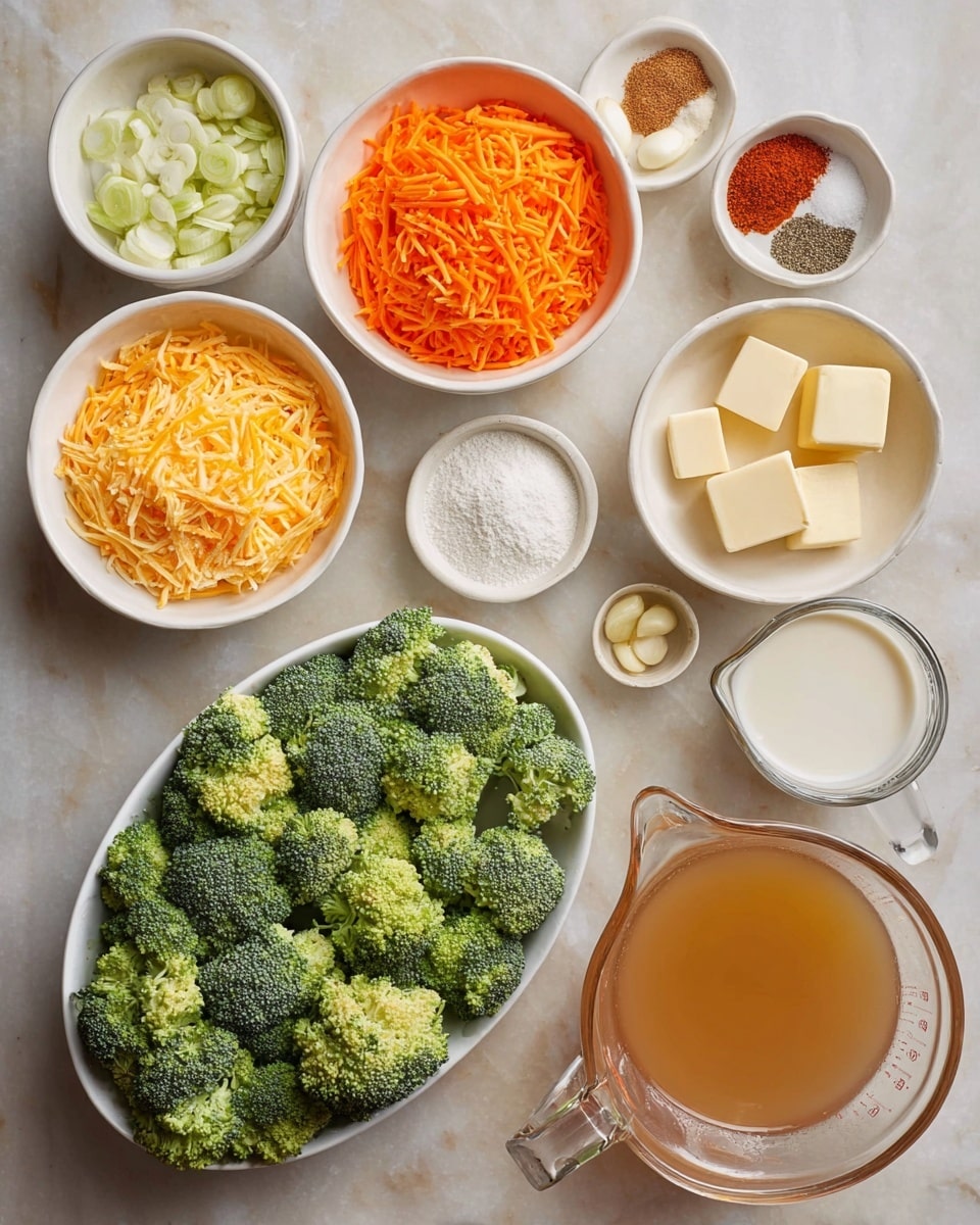The image shows a top view of various cooking ingredients arranged on a white marbled surface. There is one large white oval bowl filled with fresh green broccoli florets placed near the center. Above it, there is a white bowl piled with shredded orange cheddar cheese on the left and a white bowl with bright orange shredded carrots on the right. Above the bowls, a small white speckled dish contains three piles of spices: reddish powder, black pepper, and white salt. Below the large bowl of broccoli, several small white bowls hold other ingredients: one with minced garlic, one with chopped white onions, and one with square pieces of pale yellow butter. Two clear glass measuring cups contain a translucent brown broth and white milk, respectively. A small white bowl next to the measuring cups holds a heap of white powder, likely flour. Photo taken with an iphone --ar 4:5 --v 7