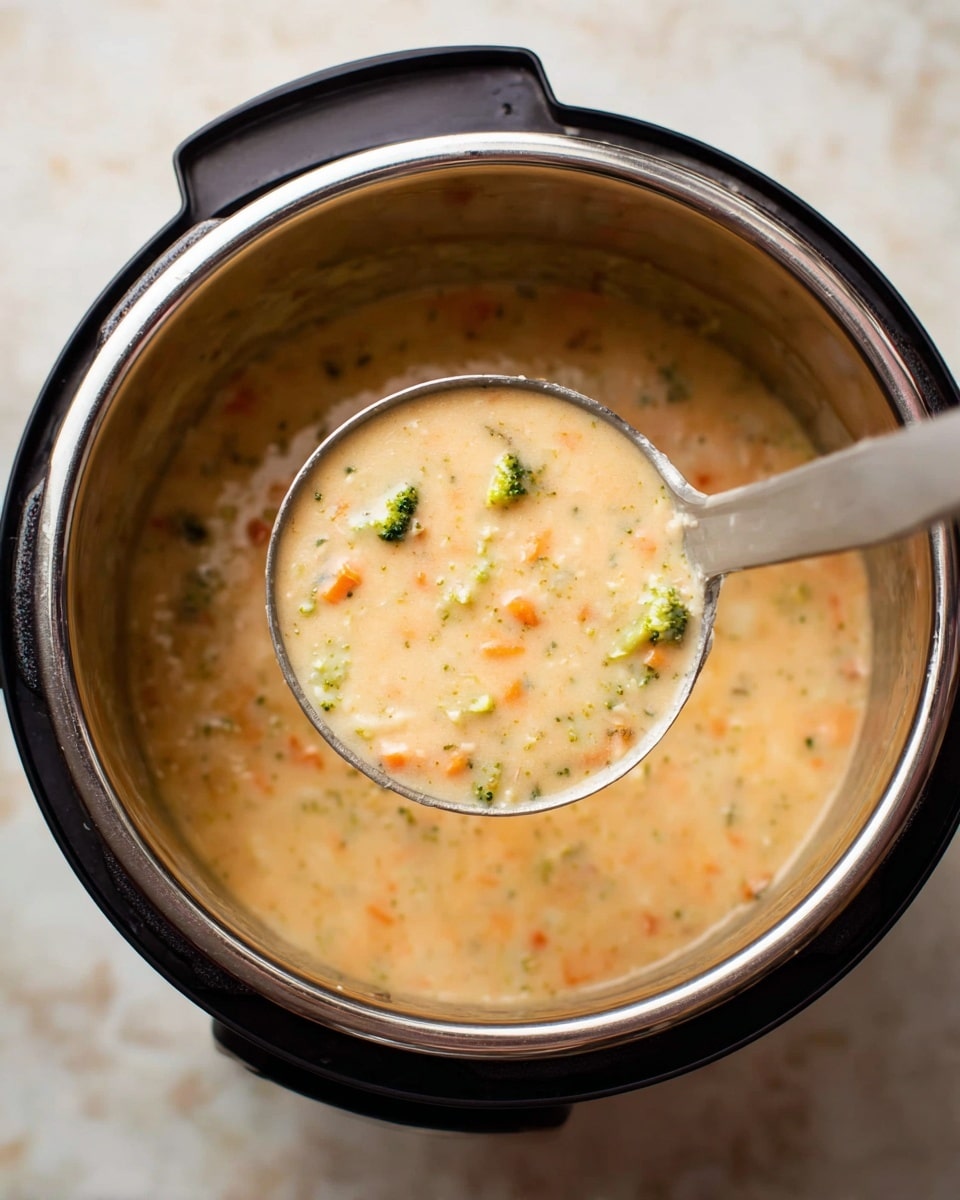 A ladle filled with thick creamy soup containing small pieces of green broccoli and orange carrot floats above an instant pot filled with more of the same soup. The soup is light beige in color with visible vegetable bits, showing a smooth and hearty texture. The pot is dark with a shiny metal inside, placed on a white marbled surface. The photo is taken from above, focusing on the ladle in the center. photo taken with an iphone --ar 4:5 --v 7