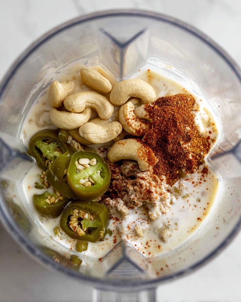 Inside a clear blender jar, various ingredients are layered close up. At the bottom, there is a creamy white liquid with a smooth texture. On top of this, several whole cashew nuts sit, pale beige in color and smooth. To the left, there are small pieces of green chilies that look soft and slightly shiny. Nearby, three sliced jalapeños rest, showing a darker green color with white seeds inside. Sprinkled across the top and sides are reddish-brown spices dusted lightly over the ingredients. The background shows a white marbled surface. photo taken with an iphone --ar 4:5 --v 7