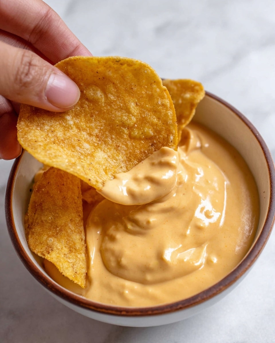 A close-up view of two golden-brown crispy chips partially dipped in a smooth, creamy, light orange sauce in a white bowl with a thin brown rim. One chip is fully covered with sauce, showing a thick, velvety texture, while the other chip rests in the sauce, displaying its bumpy surface. A woman's hand holds the dipped chip gently above the bowl. The background is a white marbled surface. photo taken with an iphone --ar 4:5 --v 7