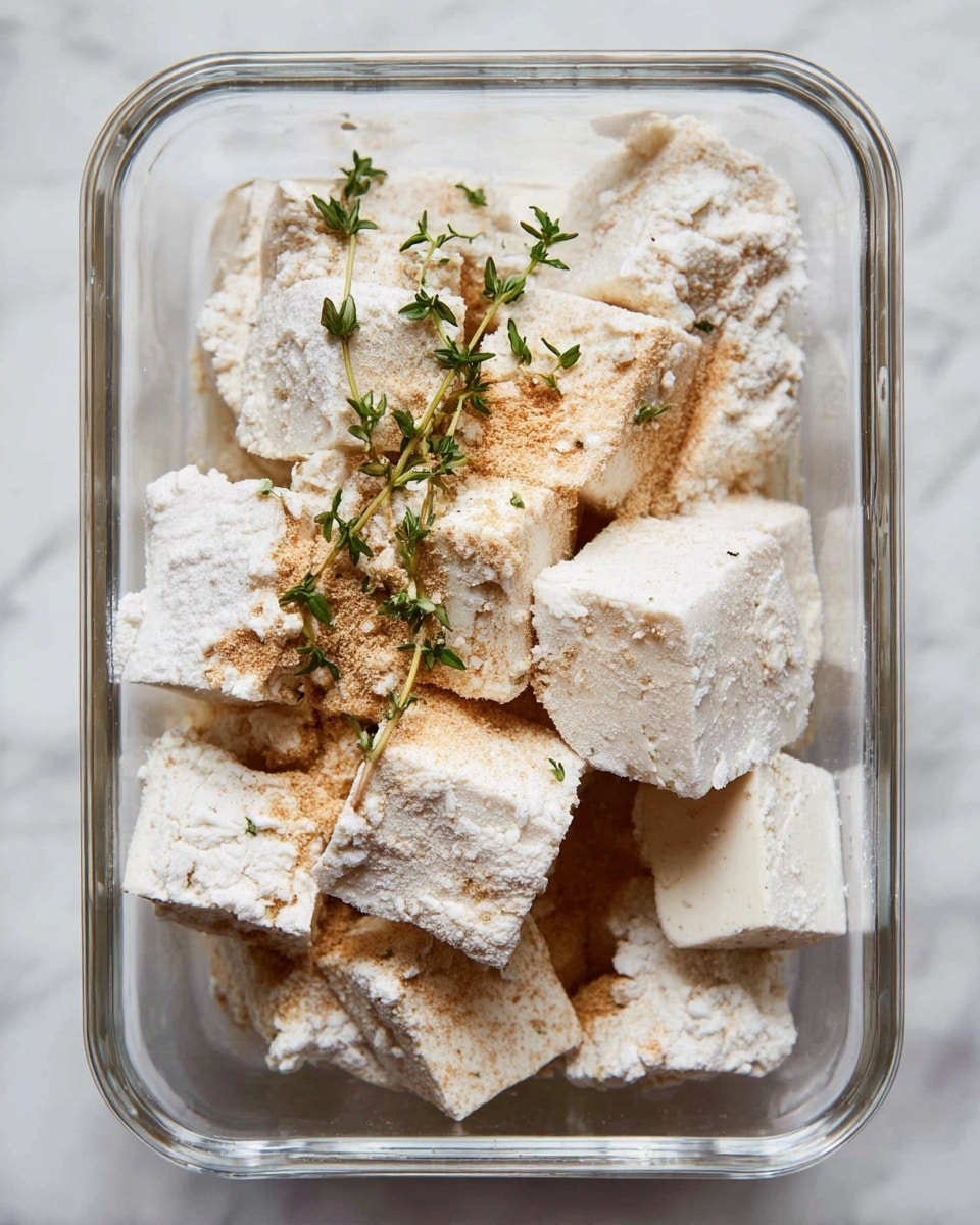 The image shows a clear rectangular glass container filled with uneven white tofu cubes stacked inside. The tofu has a soft, slightly crumbly texture. On top of the tofu, there is a light sprinkling of powdered white flour and a golden-brown powder that looks like seasoning. Small green sprigs of fresh herbs, likely thyme, are scattered on the tofu adding a touch of color. The background is a white marbled surface. photo taken with an iphone --ar 4:5 --v 7