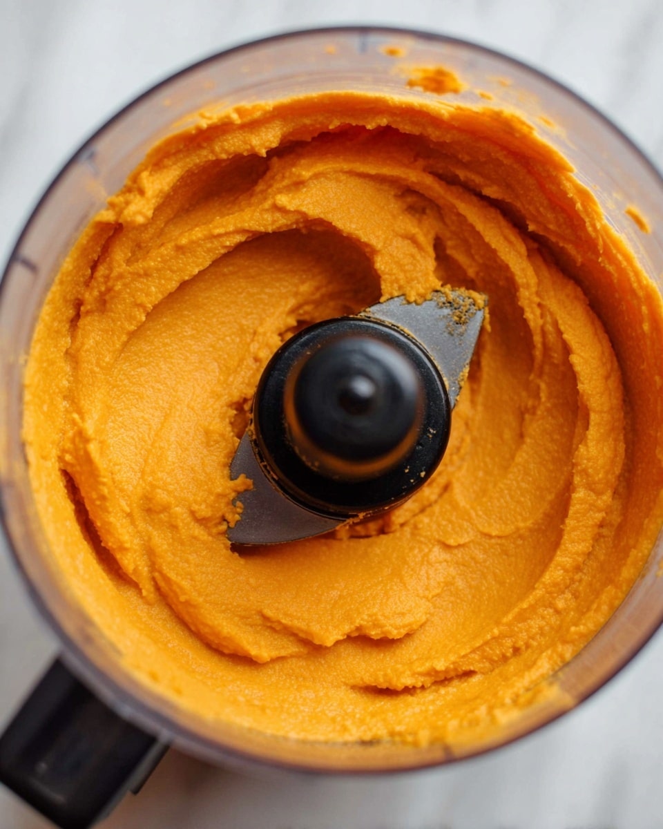 A clear food processor bowl filled with one even layer of smooth orange puree, with a thick, creamy texture that looks soft and rich. The puree covers the bottom and sides of the bowl, swirling slightly around the black center blade, which is upright and has a little puree sticking to it. The background shows a white marbled texture under the bowl. Photo taken with an iphone --ar 4:5 --v 7