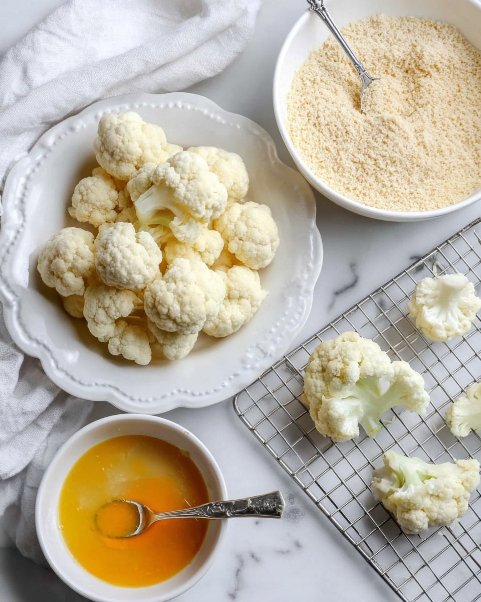 The image shows a white scalloped plate filled with fresh cauliflower florets, mostly light cream color with some soft white highlights, placed on a white marbled surface. Nearby, there are two white bowls; one on the left contains a yellow-orange beaten egg mixture with a silver fork resting inside it, and the other on the right has light beige breadcrumbs with a cauliflower floret sitting on top and another silver fork partially buried in the breadcrumbs. In the foreground, a wire cooling rack holds two loose cauliflower pieces. The setting is bright and clean, with a white cloth napkin partially visible near the bowls. Photo taken with an iphone --ar 4:5 --v 7