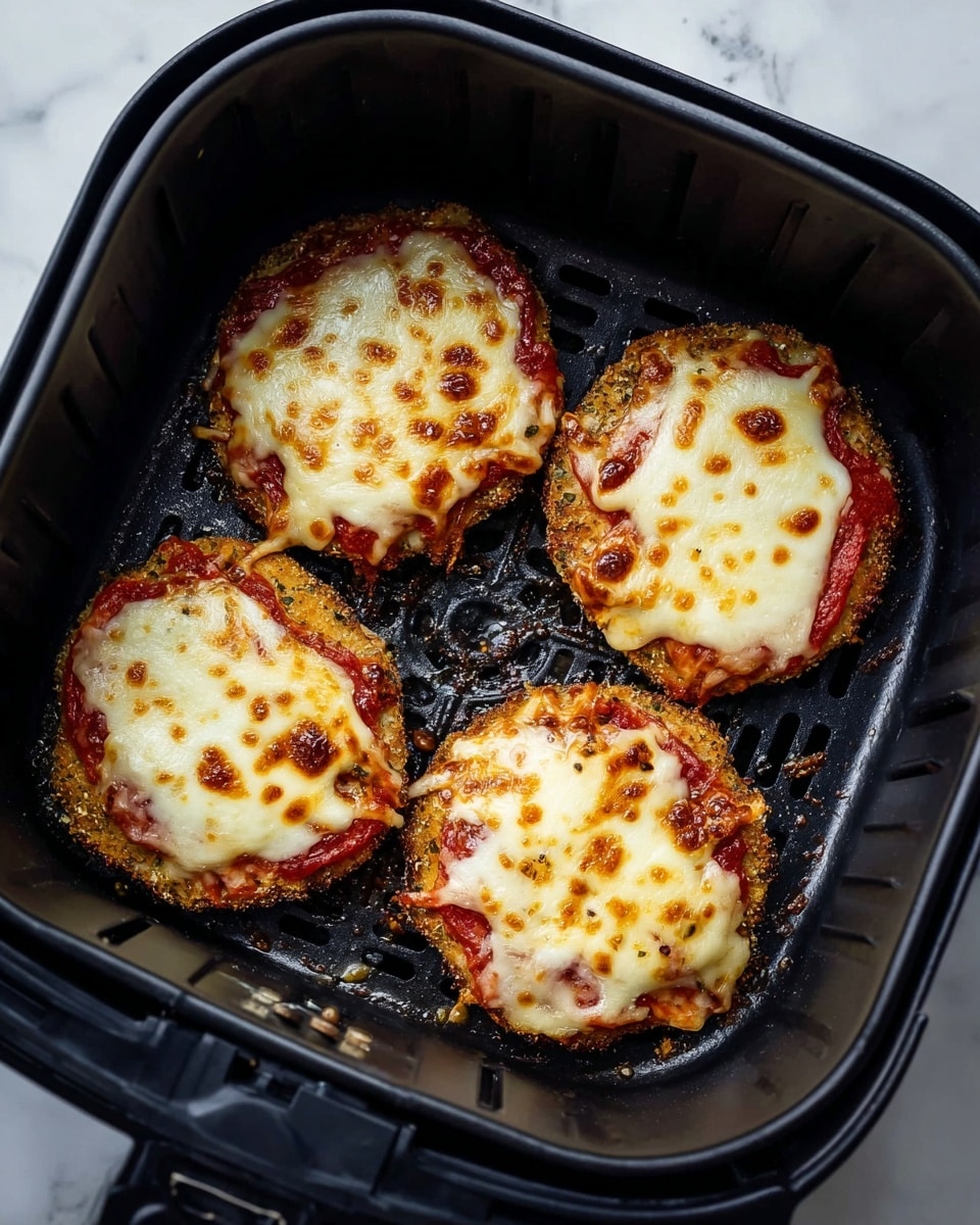 The image shows four round mini pizzas inside a black air fryer basket. Each mini pizza has three visible layers: a crispy, golden-brown breaded base at the bottom, a middle layer of red tomato sauce, and a top layer of melted cheese that is slightly browned and bubbly. The cheeses’ texture is smooth and creamy with uneven golden spots. The air fryer basket has some crumbs and oil spots, enhancing the cooked look. The whole setup is placed on a white marbled texture. photo taken with an iphone --ar 4:5 --v 7