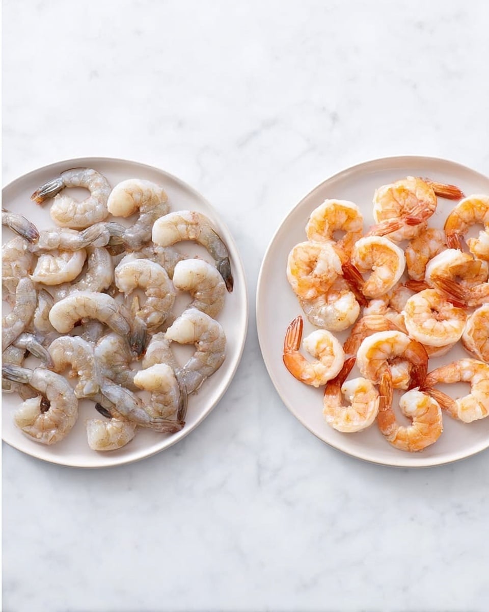 The image shows two white plates placed on a white marbled surface. Each plate is round and filled with shrimp. The left plate has raw shrimp arranged closely, showing their translucent grayish skin with tails attached. The right plate holds cooked shrimp, which are pinkish-orange with a firm texture, also with tails on, spaced evenly. Both plates have a simple, clean look with no additional garnishes or items photo taken with an iphone --ar 4:5 --v 7