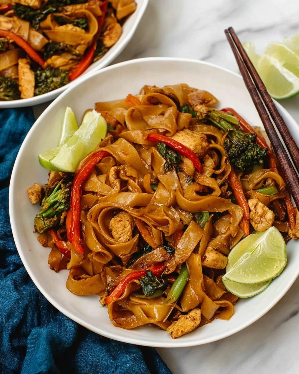 The image shows a white bowl filled with wide, flat noodles that have a glossy brown sauce coating. Mixed in with the noodles are pieces of light brown cooked chicken, thin red slices of bell pepper, small dark green broccoli florets, and some green leafy vegetables. Two lime wedges with bright green peel and pale green inside sit on the edge of the bowl. On the right side, dark wooden chopsticks rest on the bowl's rim. In the background, part of a second white bowl filled with a similar dish is visible, and a blue cloth is draped across the white marbled surface under the bowls. photo taken with an iphone --ar 4:5 --v 7
