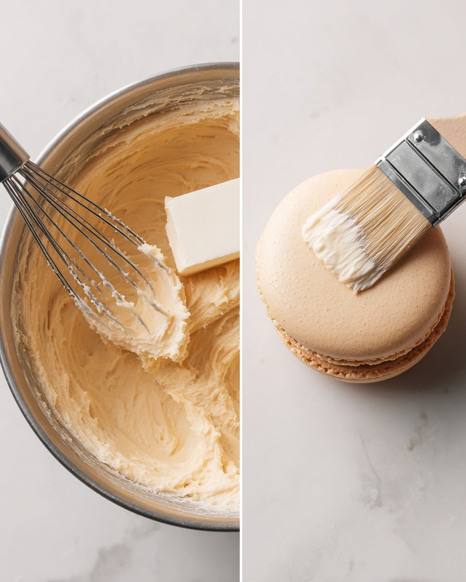 The image shows two close-up shots side by side on a white marbled surface. On the left, there is a silver mixing bowl with thick, creamy light beige batter inside. A white cube of solid butter rests on the batter, and a metal whisk is partially dipped into the mixture, lifting some creamy texture. On the right, a round, pale beige macaron shell sits flat on the white marbled surface with a small paintbrush gently brushing its top, revealing a smooth and slightly bumpy texture. Photo taken with an iphone --ar 4:5 --v 7