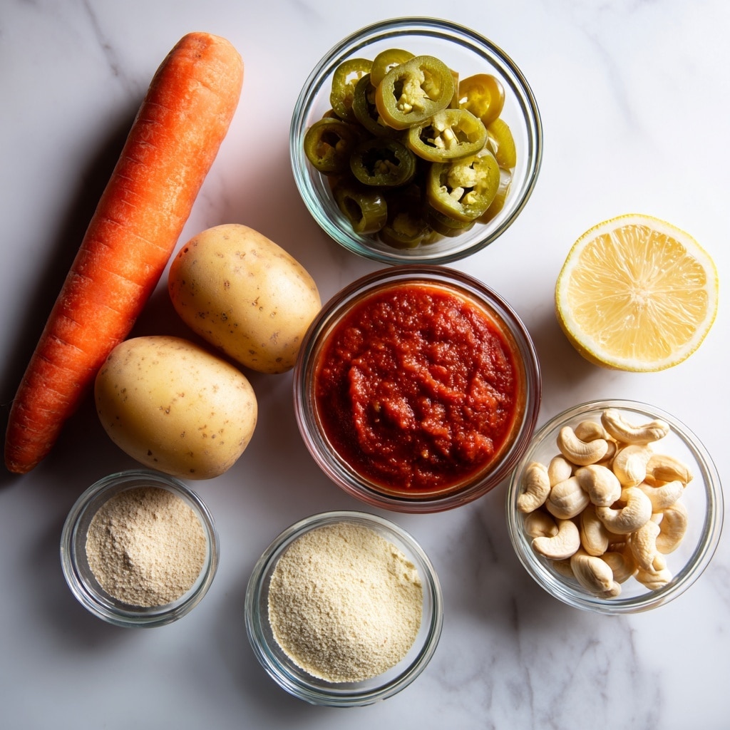 The image shows several ingredients arranged on a white marbled surface. On the left, there is a whole orange carrot next to two medium-sized potatoes with light brown skin. Above the carrot, there is a clear glass bowl filled with green pickled jalapeno slices in liquid. To the right of the jalapenos, there is a clear glass bowl of chunky red salsa. Below the salsa, a small clear glass bowl holds a beige powder made of garlic powder and onion powder. Next to this bowl on the right, there is a half lemon with visible seeds and a bright yellow rind. Below that, a larger clear glass bowl contains raw cashew nuts, light beige in color. At the bottom left of the cashews, there is another clear glass bowl filled with pale yellow nutritional yeast powder. The scene is well-lit and minimal. Photo taken with an iphone --ar 4:5 --v 7