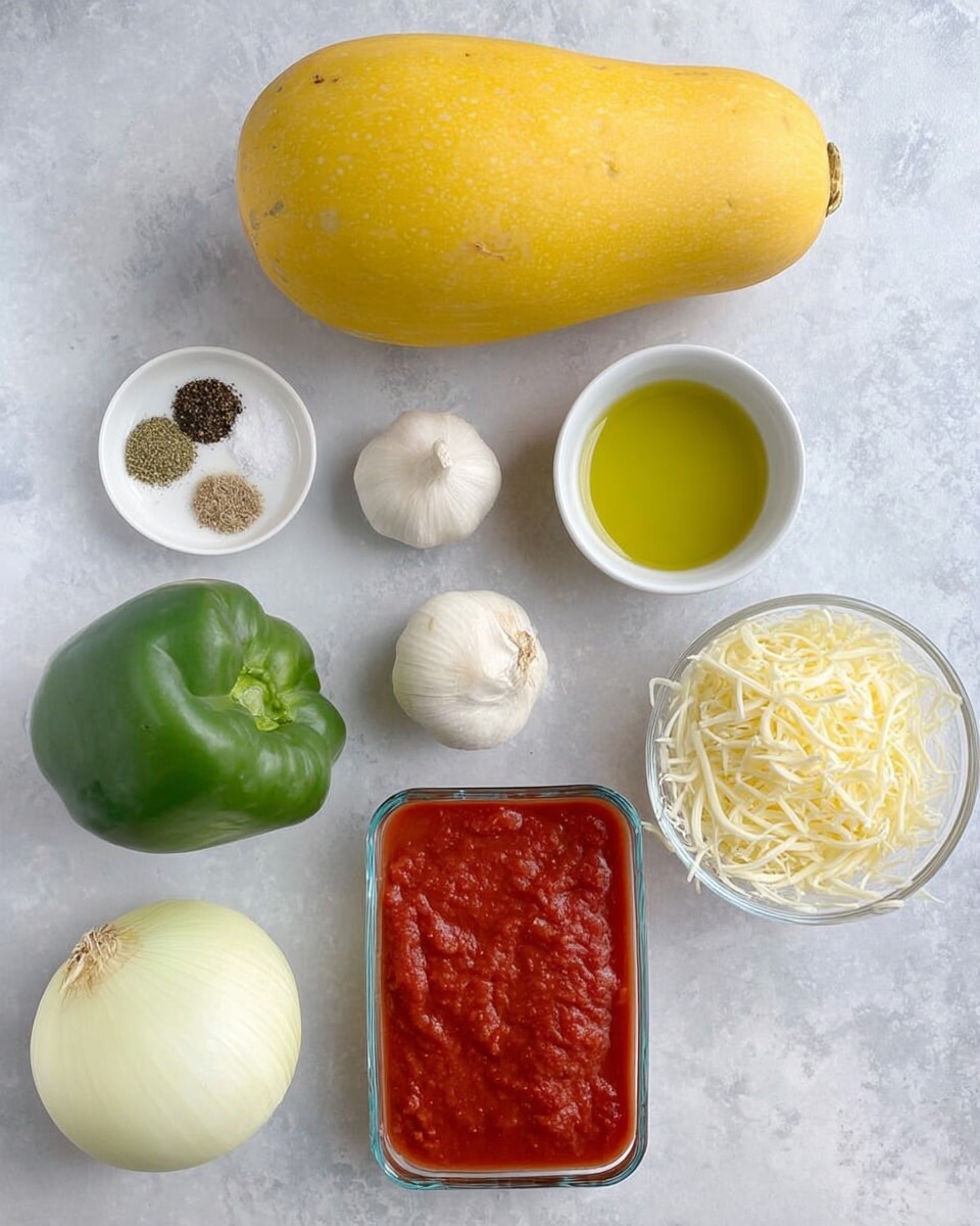 The image shows seven ingredients arranged on a light gray surface. In the top center, there is one whole yellow spaghetti squash with a smooth skin. To its lower right, there is a small white bowl with light green olive oil. Below it, there is a rectangular glass dish filled with thick red tomato sauce. On the bottom left side, there is one whole shiny green bell pepper, and above it, one white whole garlic bulb with smooth papery skin. Above the garlic, there is one whole round yellow onion. In the center, there is a small glass bowl filled with shredded white cheese, with some cheese shreds scattered around it. In the top left corner, a small white plate holds three kinds of seasonings: black pepper, dried oregano, and salt, each in a small pile. The ingredients are all on a white marbled texture photo taken with an iphone --ar 4:5 --v 7