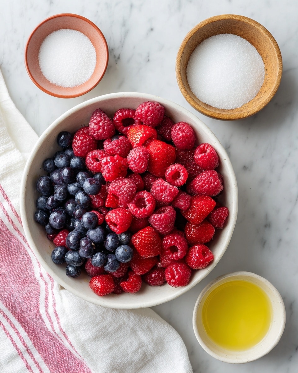 A white bowl filled with mixed red raspberries, blueberries, and chopped strawberries showing red and deep blue colors, placed on a white marbled surface. Above the bowl to the right is a small wooden bowl filled with white granulated sugar. Below that is a small white bowl with a terracotta rim holding white salt, and below it is another small white bowl with a terracotta rim filled with light yellow lemon juice. To the bottom right of the image is a white cloth with pink stripes. photo taken with an iphone --ar 4:5 --v 7
