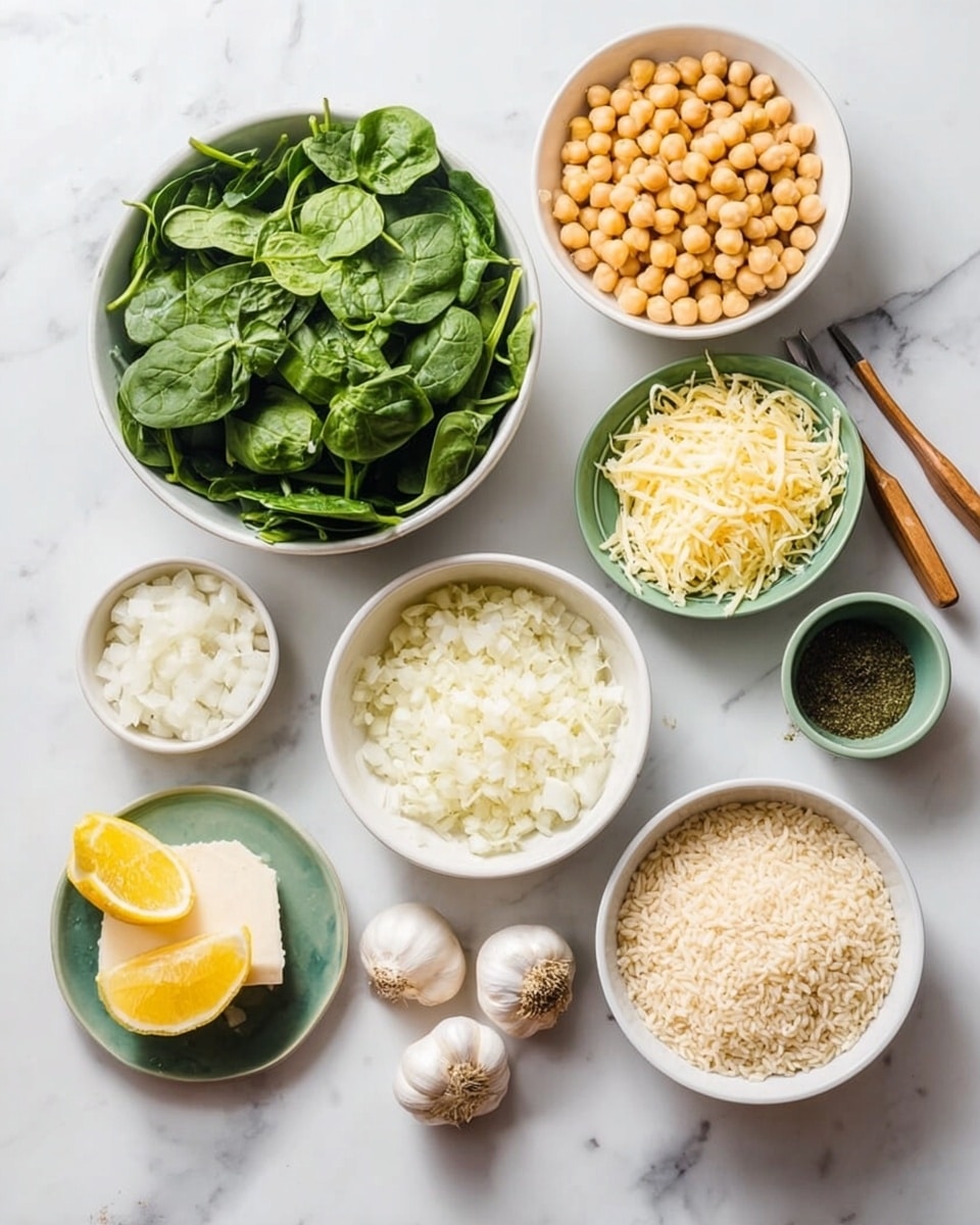 The image shows eight bowls and plates arranged on a white marbled surface. In the top center is a white bowl filled with fresh, bright green spinach leaves, textured and layered naturally. To its right is a white bowl filled with light beige chickpeas, round and uniform in shape. Next to the chickpeas, slightly above and to the right, is a small green plate holding a heap of finely shredded pale yellow cheese. Below the spinach bowl, closer to the center, is a white bowl containing finely chopped white onions with a soft texture. To the lower right of the onions, a white bowl holds light brown cooked rice with a fluffy texture. To the lower left of the onions, a small green plate holds a solid piece of white cheese. Below the cheese plate, there are cloves of whole garlic placed directly on the marble surface. Near the bottom center are two lemon halves with a bright yellow color, showing the juicy inside. Finally, a small white bowl with a dark green powder is located near the top right corner of the spinach bowl. A woman's hand with wooden tongs is partially visible in the far left corner. photo taken with an iphone --ar 4:5 --v 7
