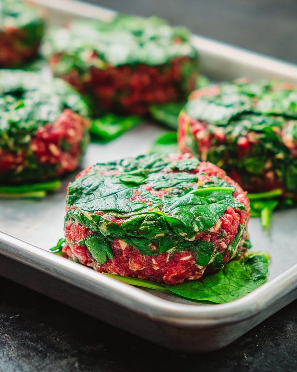 The image shows several raw patties on a silver metal baking tray, each patty made of two main layers: a base layer of red with small bits of white, and a top layer covered with fresh bright green spinach leaves, giving a textured leafy look. The patties are round, thick, and uneven in shape, with the red layer peeking through the green spinach on top and around the sides. The tray rests on a dark stone surface, creating contrast with the vibrant colors of the patties. photo taken with an iphone --ar 4:5 --v 7