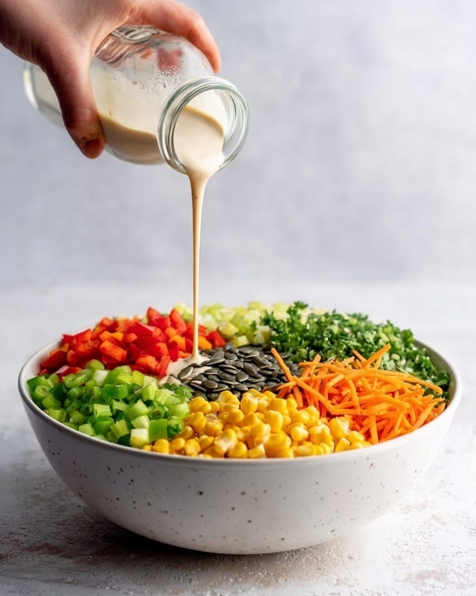 A large white bowl sits on a white marbled surface, filled with six neatly arranged layers of fresh, colorful ingredients. Starting from the left, there is a layer of chopped green onions with a soft, smooth texture, next to small, bright red diced bell peppers. Moving clockwise, there is a layer of fresh green chopped celery, followed by a pile of juicy yellow corn kernels. Then there is a bed of finely chopped green cilantro, and lastly, a bright orange pile of shredded carrots with thin strips. In the center, there is a small mound of black pumpkin seeds. Above the bowl, a woman’s hand is pouring a creamy light beige dressing from a glass bottle, which falls in a steady thin stream toward the center seeds layer. The background is a soft blended light grey and white color. photo taken with an iphone --ar 4:5 --v 7