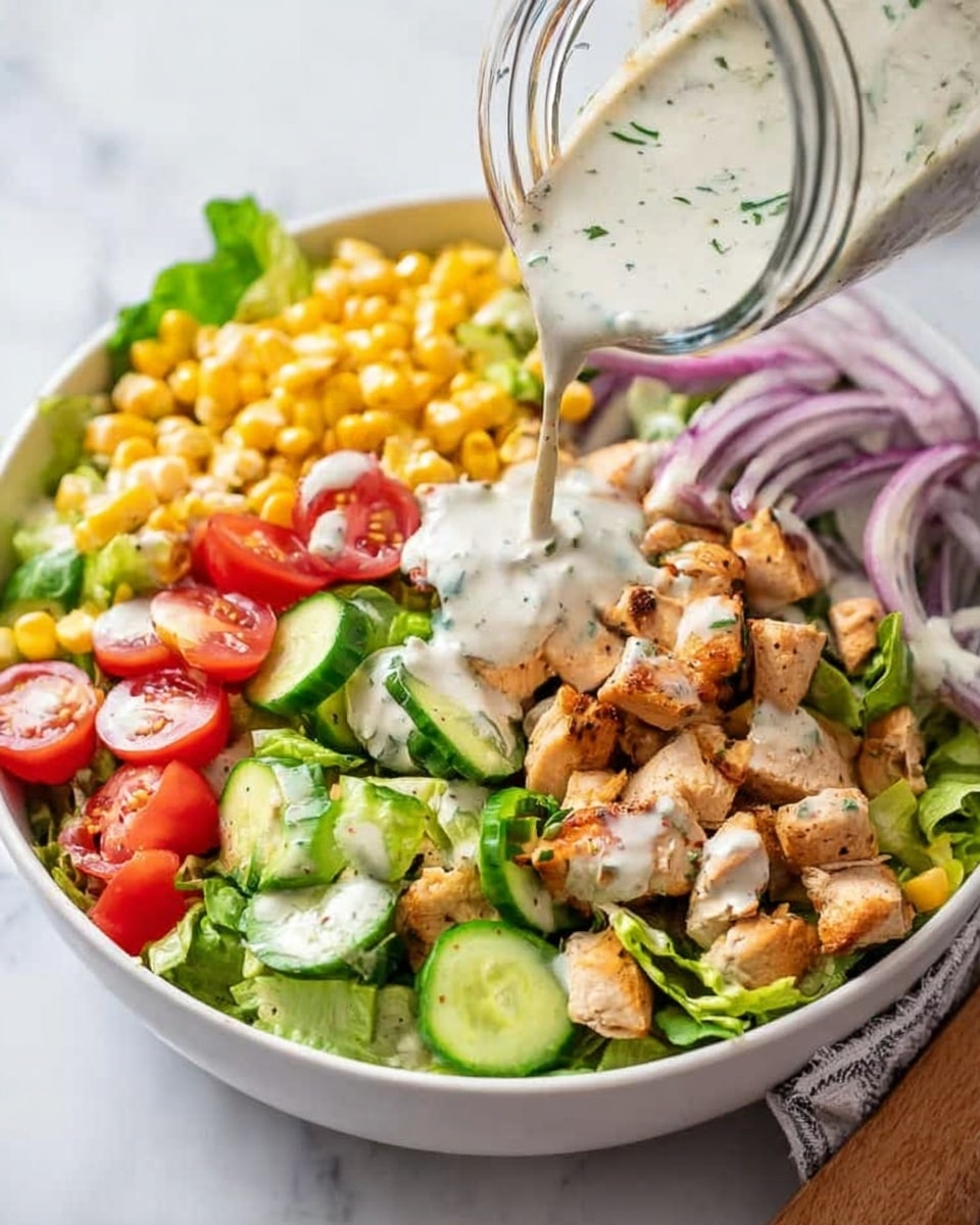 A white bowl filled with a colorful salad on a white marbled surface, showing multiple layers: the bottom layer is fresh green lettuce leaves, followed by sliced cucumber with light and dark green edges, and red onion rings with a light purple shade. Above that, there are bright yellow corn kernels and pieces of cooked, light golden brown chicken scattered evenly. Cherry tomato halves add red pops, and creamy white dressing with small green herb bits is being poured from a clear glass jar onto the salad. A wooden spatula is partially visible on the right side of the bowl. Photo taken with an iphone --ar 4:5 --v 7