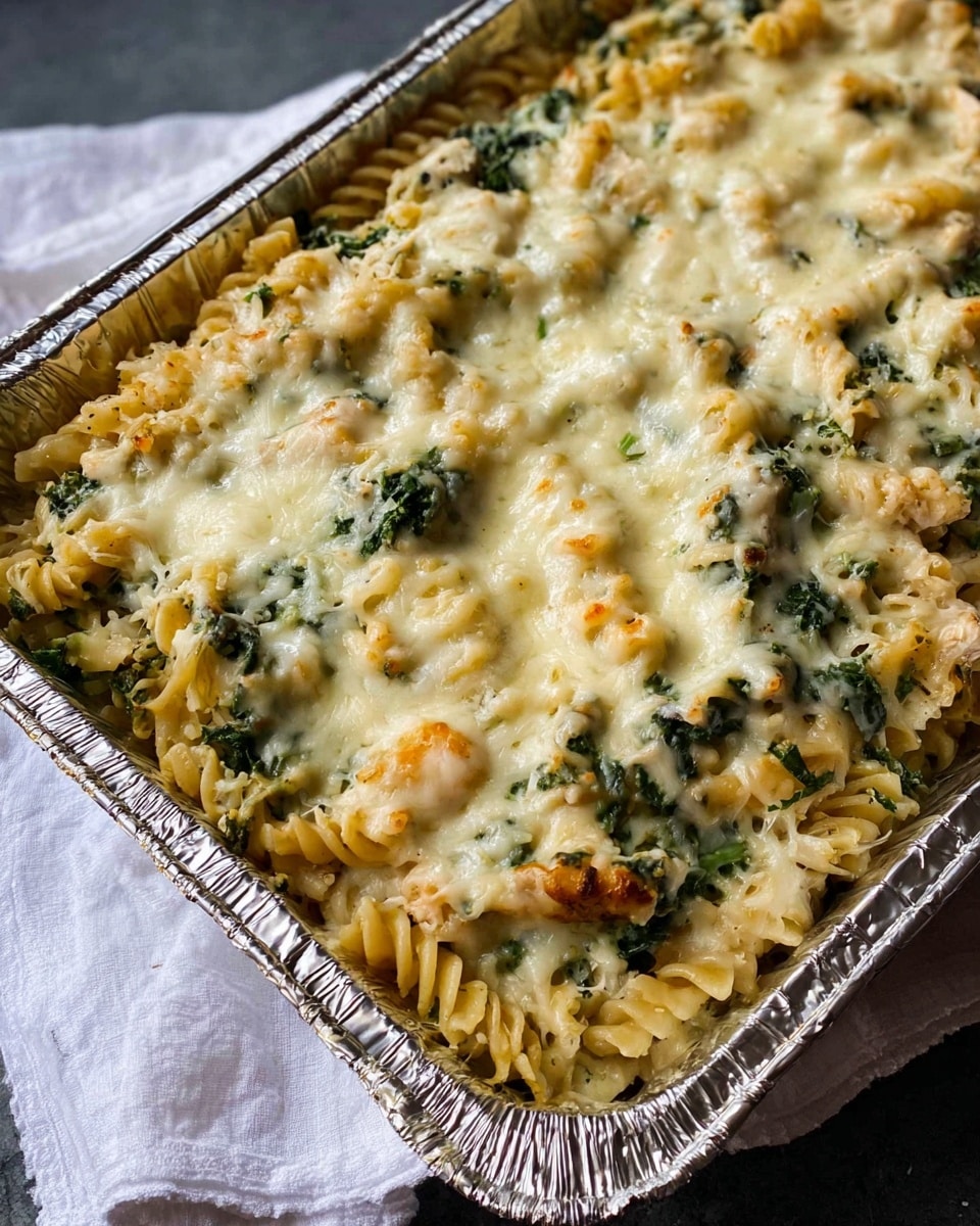 A baked pasta casserole in a silver rectangular foil tray on a white cloth, placed on a white marbled surface. The dish has one main layer of spiral pasta mixed with leafy green herbs and creamy white sauce, topped with a thick, uneven layer of melted white cheese that is golden brown in some spots, creating a lightly toasted texture across the surface. The pasta is visible in places through the cheese, showing a mix of yellow and green colors under the bubbly cheese topping. Photo taken with an iphone --ar 4:5 --v 7
