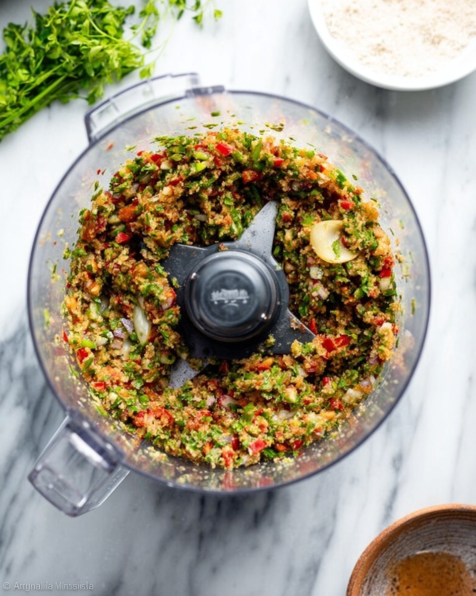 A clear food processor bowl with chopped vegetables and herbs inside, showing a mix of green, red, and light brown colors in a coarse texture, all blended around the center blade. The bowl is placed on a white marbled surface with a piece of green herb and a white bowl containing a light powdery substance visible near the top edges. The photo is taken from above, focusing on the mixture’s colorful details inside the transparent container. Photo taken with an iphone --ar 4:5 --v 7