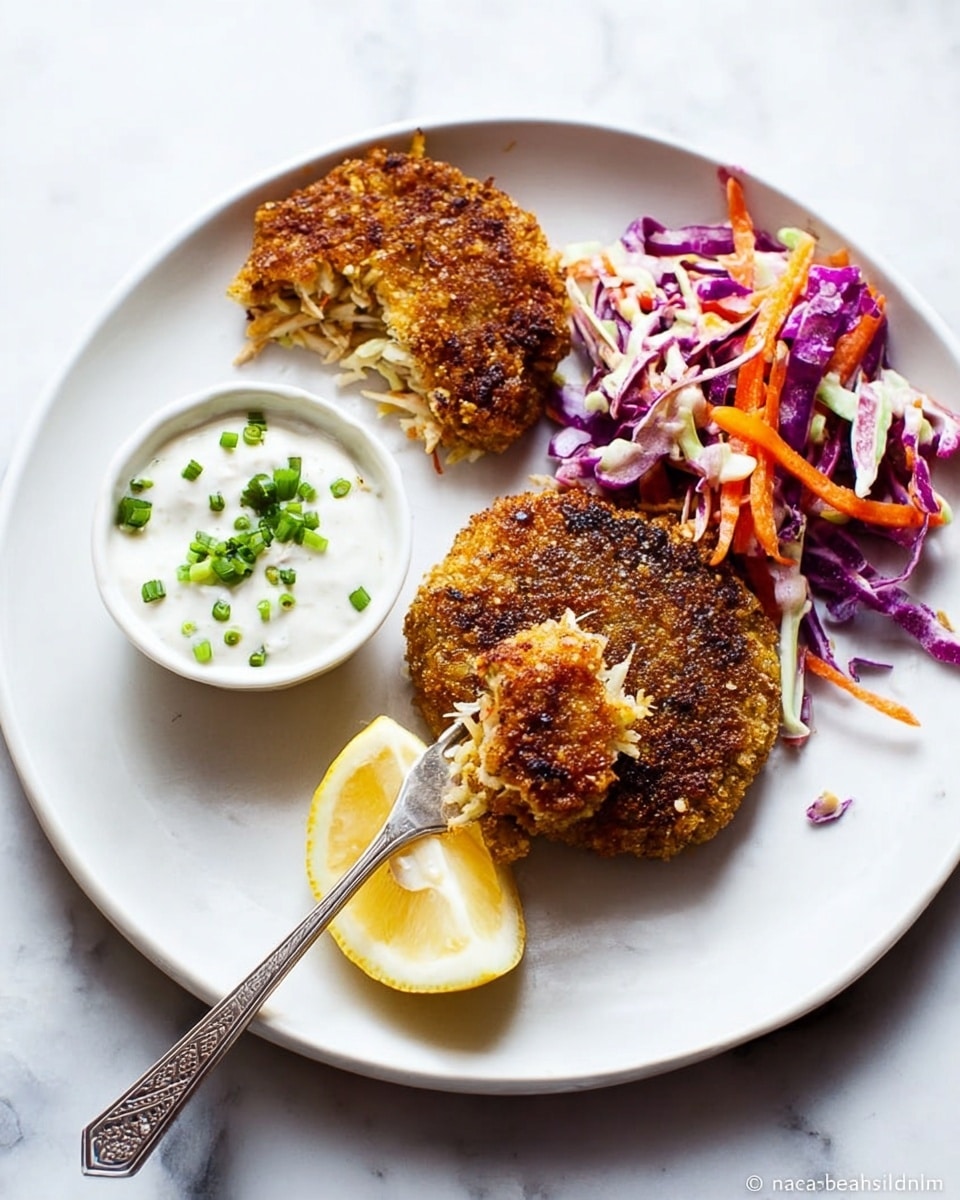 A white plate holds three main parts: on the left, two crispy golden-brown patties with a rough texture, one partially broken showing a light interior filled with shredded ingredients; in the upper right, a small pile of colorful shredded vegetables with purple cabbage, orange carrots, and white cabbage arranged loosely; below them, a quarter lemon wedge with a fresh yellow color and small bits of green garnish on top; next to the lemon, a small white bowl filled with creamy, white sauce topped with finely chopped green onions; a silver fork rests on the plate, piercing one patty. All is placed on a white marbled surface photo taken with an iphone --ar 4:5 --v 7