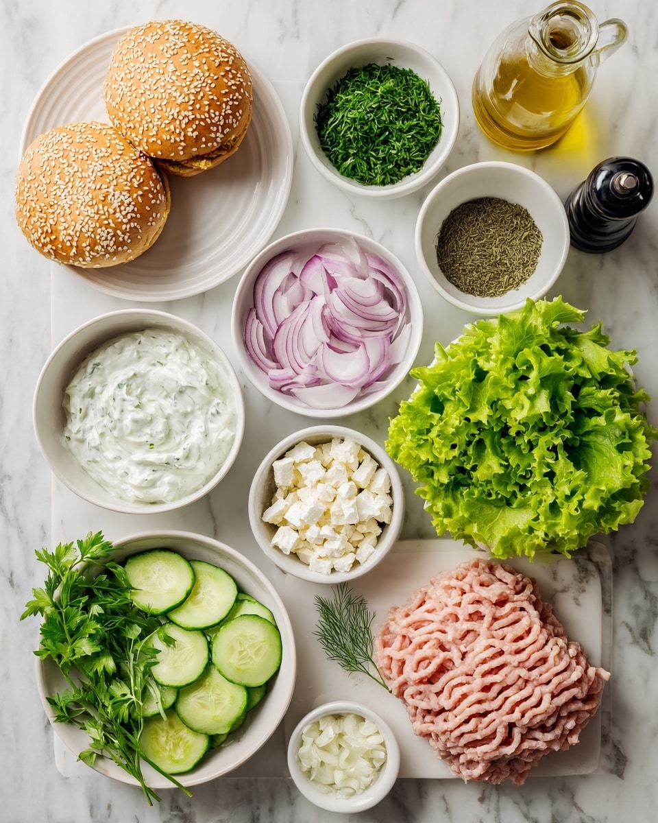 The image shows three turkey burgers on a white marbled surface, each with multiple layers. The first burger at the bottom left has a sesame seed bun top, green leaf lettuce bottom, a grilled turkey patty with a dark charred texture, topped with white creamy sauce, red onion rings, tomato slice, and cucumber slices, all stacked inside the bun. The top-left burger is open-faced, showing a plain sesame seed bun top and the bottom spread with thick white sauce and two cucumber slices. On the right of the image, two grilled turkey patties sit on green leaf lettuce. There are a few cucumber slices and crumbs of white cheese scattered nearby. The photo has soft lighting and natural colors. photo taken with an iphone --ar 4:5 --v 7