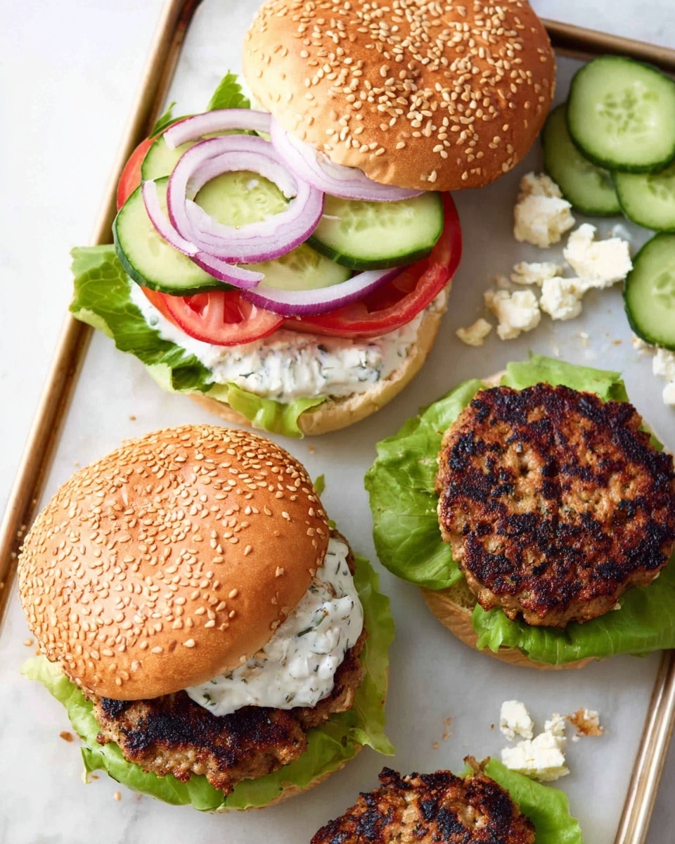 The image shows a top view of fresh ingredients neatly arranged on a white marbled surface. There are two sesame seed burger buns on a white plate on the left side. Next to them, there is a white bowl filled with bright green parsley leaves, and nearby, a bowl with finely chopped red onions. Below is a bowl with light green dill and another small bowl with dried oregano, both having a textured look. In the center, there is a white bowl filled with white tzatziki sauce, creamy in texture, and beside it, a bowl with white crumbled feta cheese. On the right, bright green curly lettuce leaves, round cucumber slices, and thin tomato slices create a colorful, layered mix, partially overlapping each other. A large section of raw ground turkey, pale pink and ridged, sits in the bottom right. Above all these, there is a clear olive oil bottle and a black pepper grinder resting on the marble. A small white bowl with minced garlic pieces is also present near the bottom. The colors mostly show fresh greens, reds, creams, and pale pinks, arranged clearly for a fresh cooking setup photo taken with an iphone --ar 4:5 --v 7