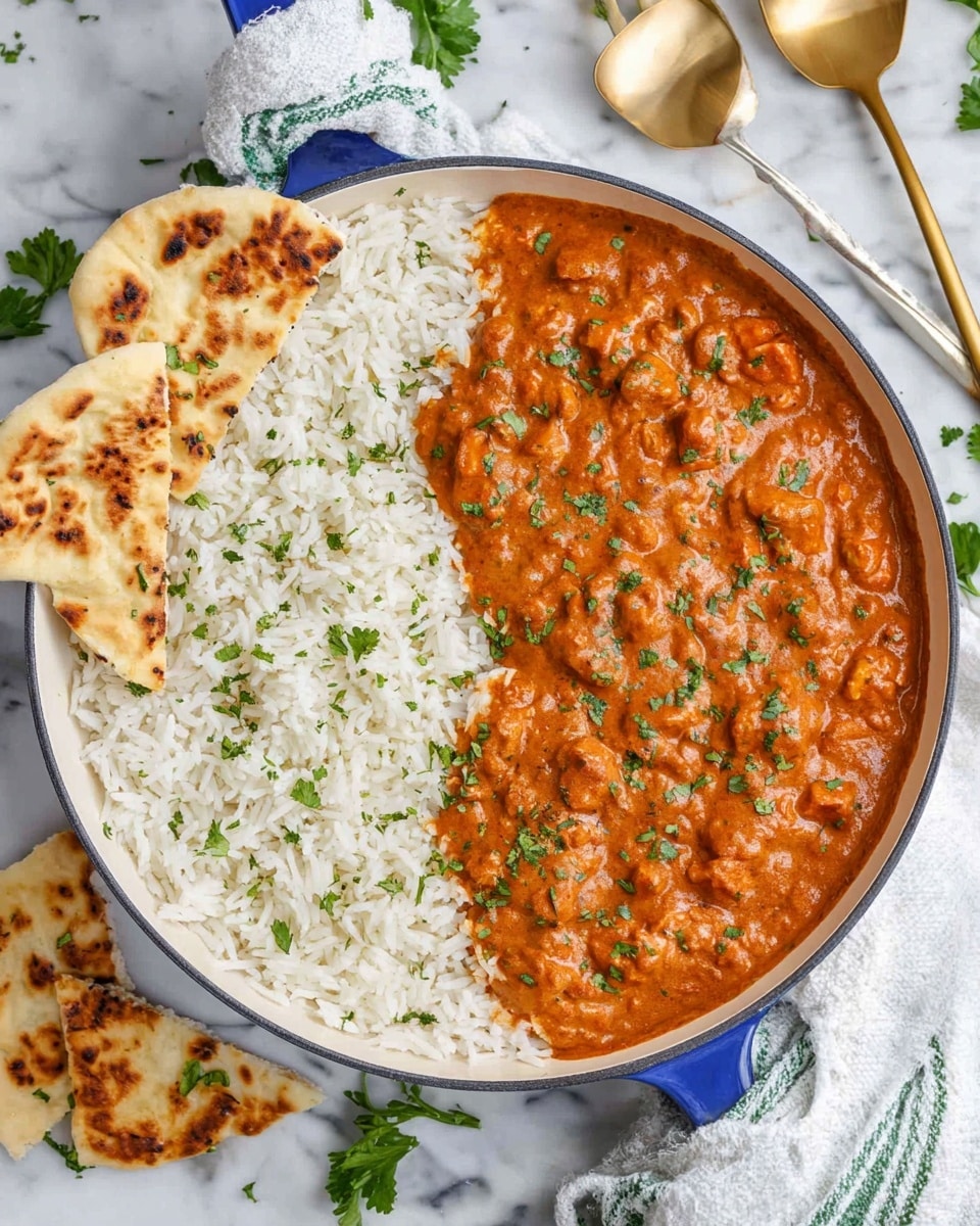 A white round pan contains two main layers: on the left side, there is a rich orange-brown thick sauce with small chunks, sprinkled with green herb pieces, and on the right side, there is a fluffy white rice layer garnished lightly with the same green herbs. Below the pan, there are three triangular pieces of toasted flatbread with brown char marks. The pan has a blue handle wrapped partly by a white cloth with green stripes. The background is a white marbled surface with some green leaves scattered around, near gold fork and spoon handles placed in the top right corner. Photo taken with an iphone --ar 4:5 --v 7
