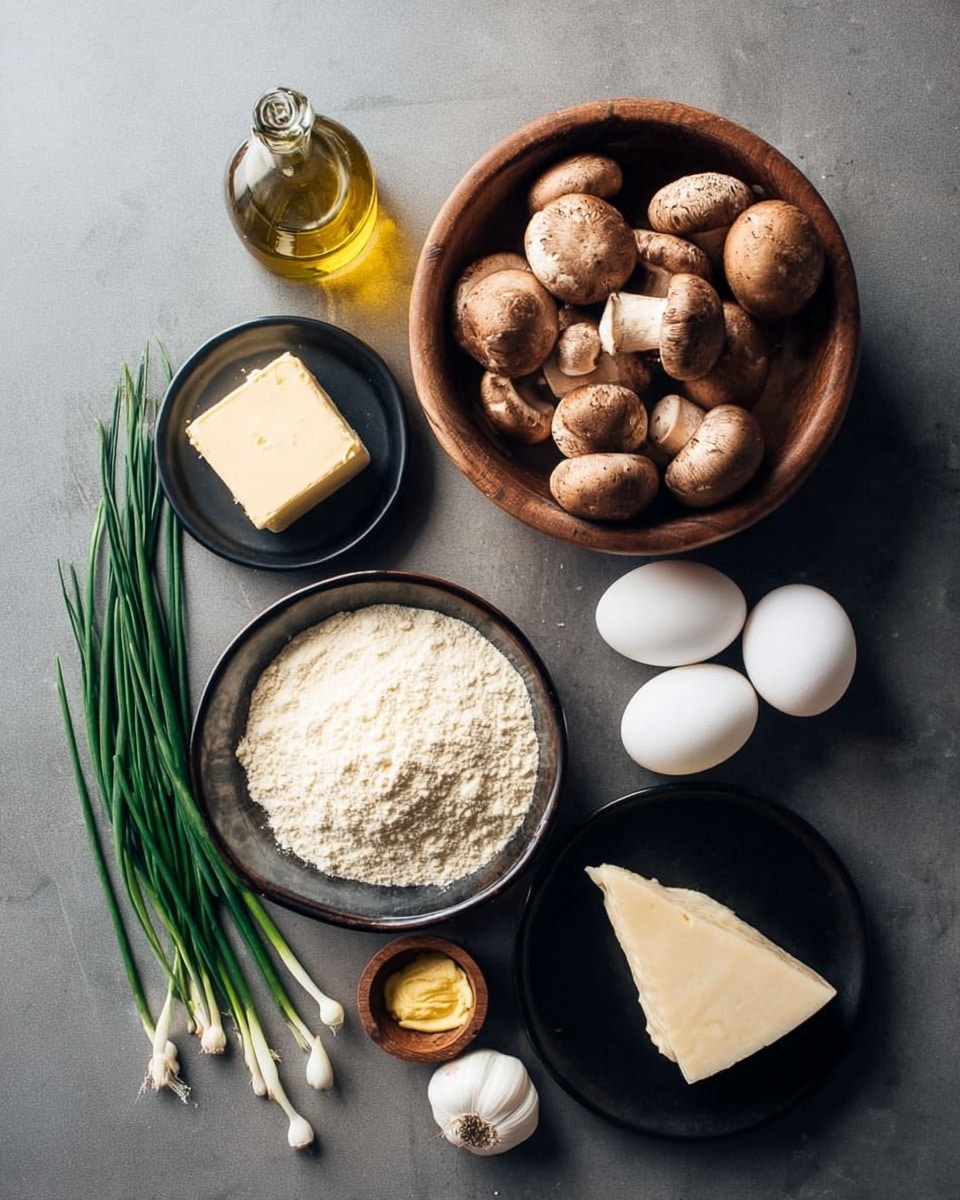 A collection of cooking ingredients arranged neatly on a dark surface, featuring a wooden bowl filled with mixed brown and white mushrooms at the top right; two white eggs placed side by side just below a small glass bottle of golden olive oil on the left; a small black plate with a chunk of pale butter beneath the eggs; a wooden bowl containing a small amount of yellow mustard near the mushrooms; a larger black bowl filled with light beige flour at the bottom left; several green chive stalks spread out diagonally near two white garlic cloves; and a quarter wedge of white cheese on a black plate at the bottom right, all placed on a white marbled surface photo taken with an iphone --ar 4:5 --v 7