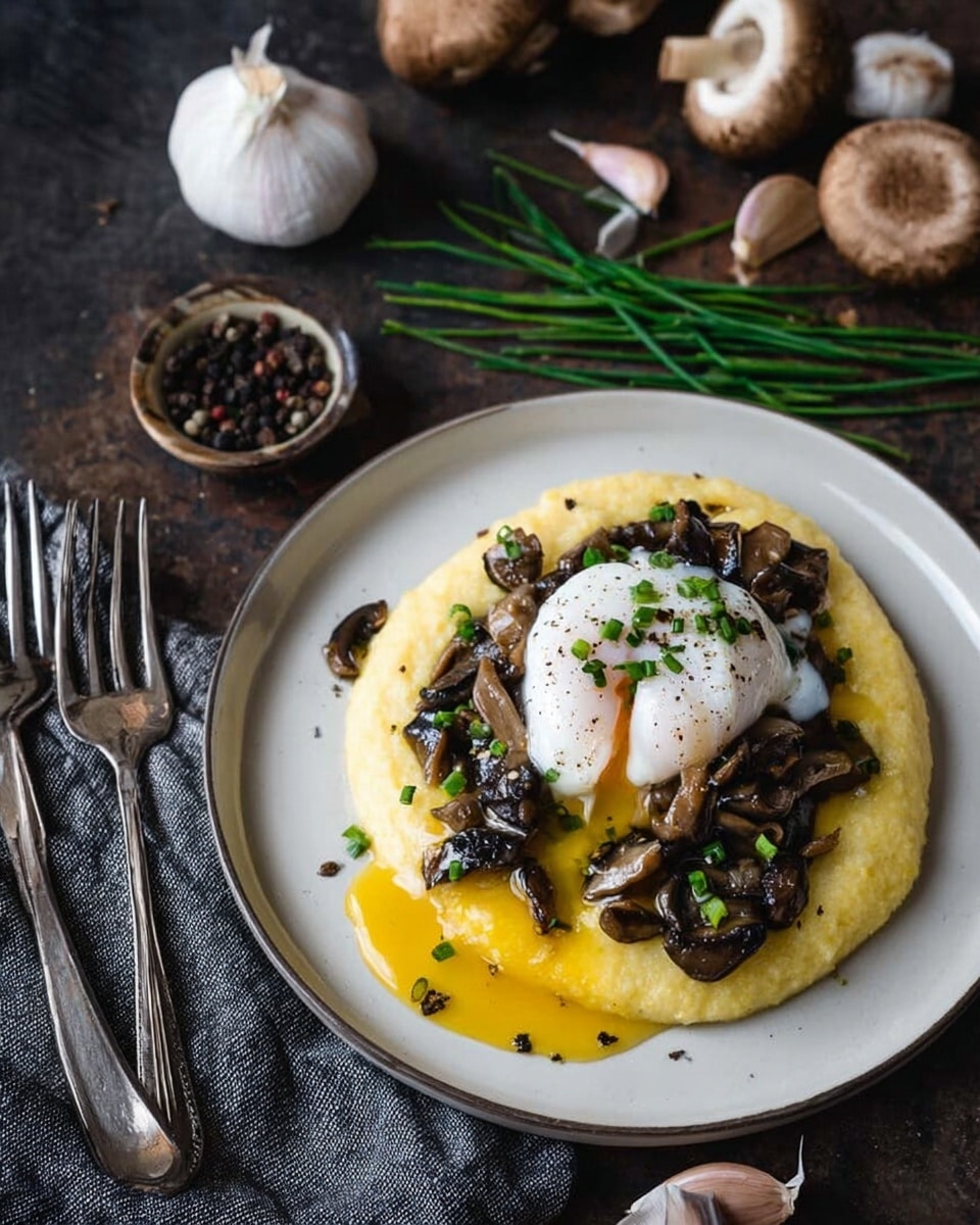 A white plate is filled with three layers: the bottom layer is smooth and yellow, resembling creamy polenta, spread evenly across the plate. On top of this is a layer of dark brown, sautéed mushrooms with a slightly glossy texture. The top layer is a soft, poached egg with bright white edges and a golden yolk that is gently oozing onto the mushrooms and polenta. Small green chive pieces are sprinkled over the dish, adding a touch of color. The plate sits on a dark surface with garlic cloves, black peppercorns, fresh chives, and brown and white mushrooms nearby. Two silver forks rest to the left. Photo taken with an iphone --ar 4:5 --v 7