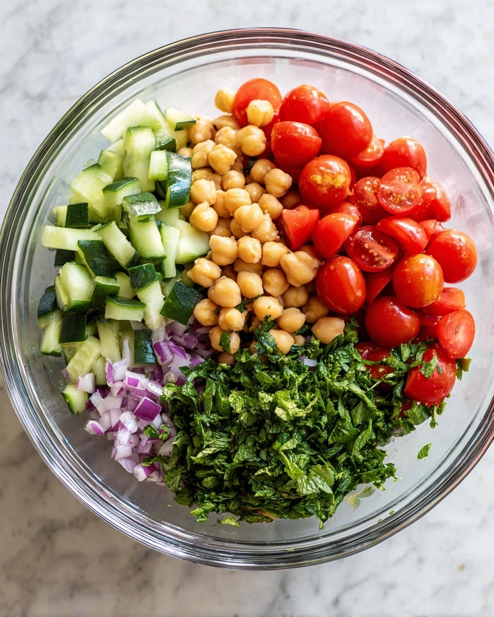 A clear glass bowl containing five distinct layers: bright red halved cherry tomatoes placed at the top right, light tan round chickpeas to the right, finely chopped purple onion pieces below the chickpeas, fresh dark green parsley and mint leaves mixed together in the center bottom, and small cubed pale green cucumbers with darker green skin on the left side, all arranged separately within the bowl. The bowl sits on a white marbled texture surface. Photo taken with an iphone --ar 4:5 --v 7