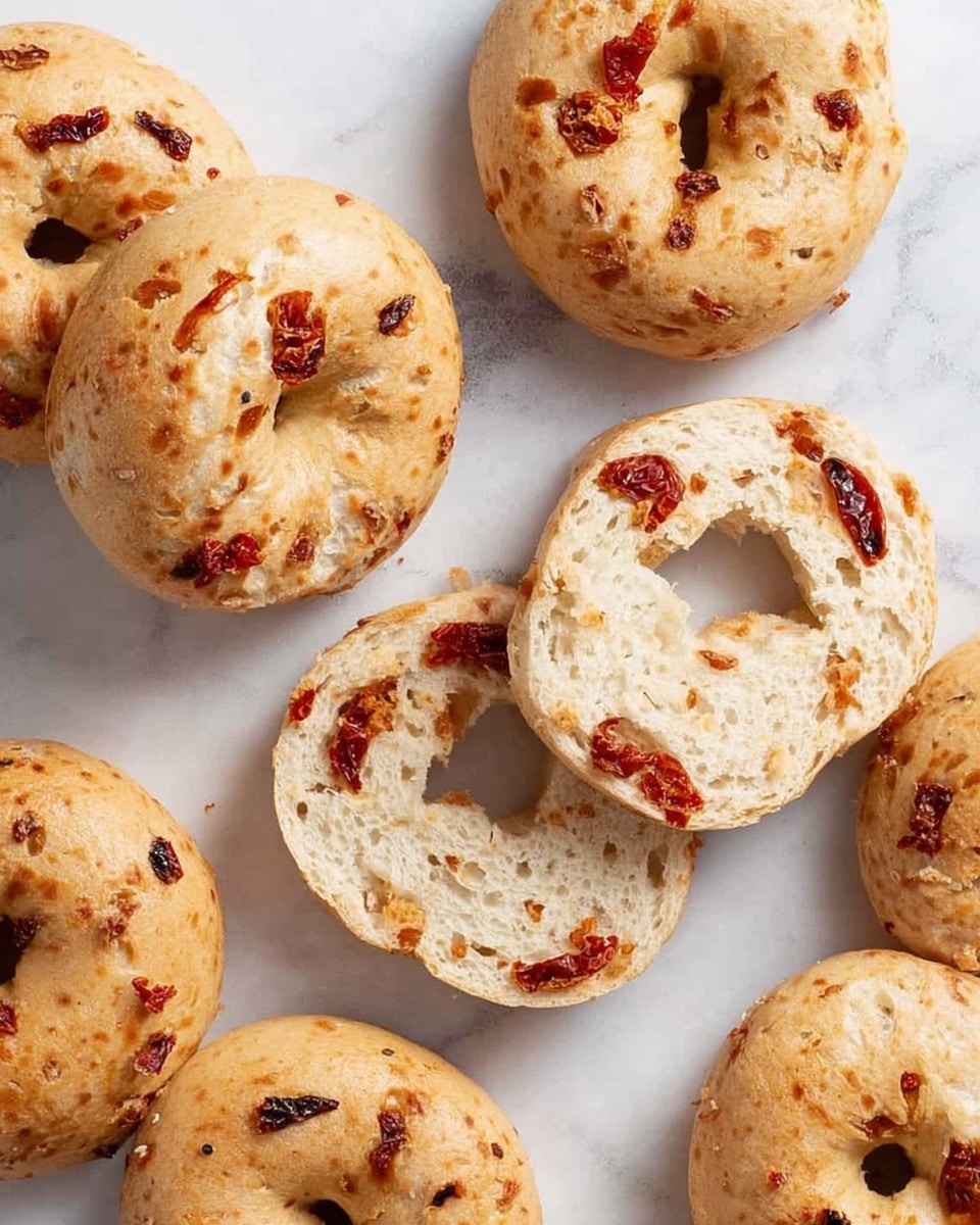 The image shows several round bagels on a white marbled surface. Most of the bagels are whole, light golden brown with uneven, slightly rough textures and small dark spots of sun-dried tomato pieces baked into the dough. Two bagels are sliced in half, showing an inner layer that is light beige with scattered patches of reddish sun-dried tomatoes throughout. The bagels have a soft texture with some air pockets visible inside the sliced halves. photo taken with an iphone --ar 4:5 --v 7