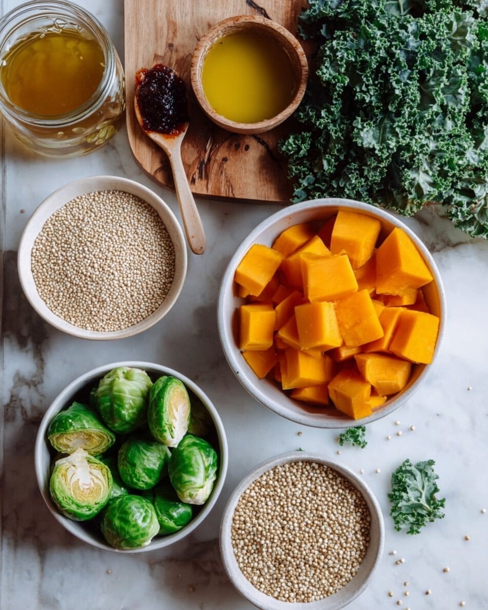 The image shows several white bowls and a jar placed on a white marbled surface. One bowl is filled with green kale leaves, rough and curly in texture, placed on the top right. Below it, a larger white bowl holds bright orange, cubed pieces of butternut squash with a smooth texture. On the bottom left, another bowl is filled with halved green Brussels sprouts with a dense, leafy texture. In the center, a small white bowl is filled with light beige quinoa grains, round and tiny. To the left, there is a jar with a golden broth. Above it, on a wooden board, there is a small wooden bowl filled with yellow olive oil and next to it a tiny wooden spoon holding a dark red paste. A few kale leaves and tiny quinoa grains are scattered casually on the surface. Photo taken with an iphone --ar 4:5 --v 7