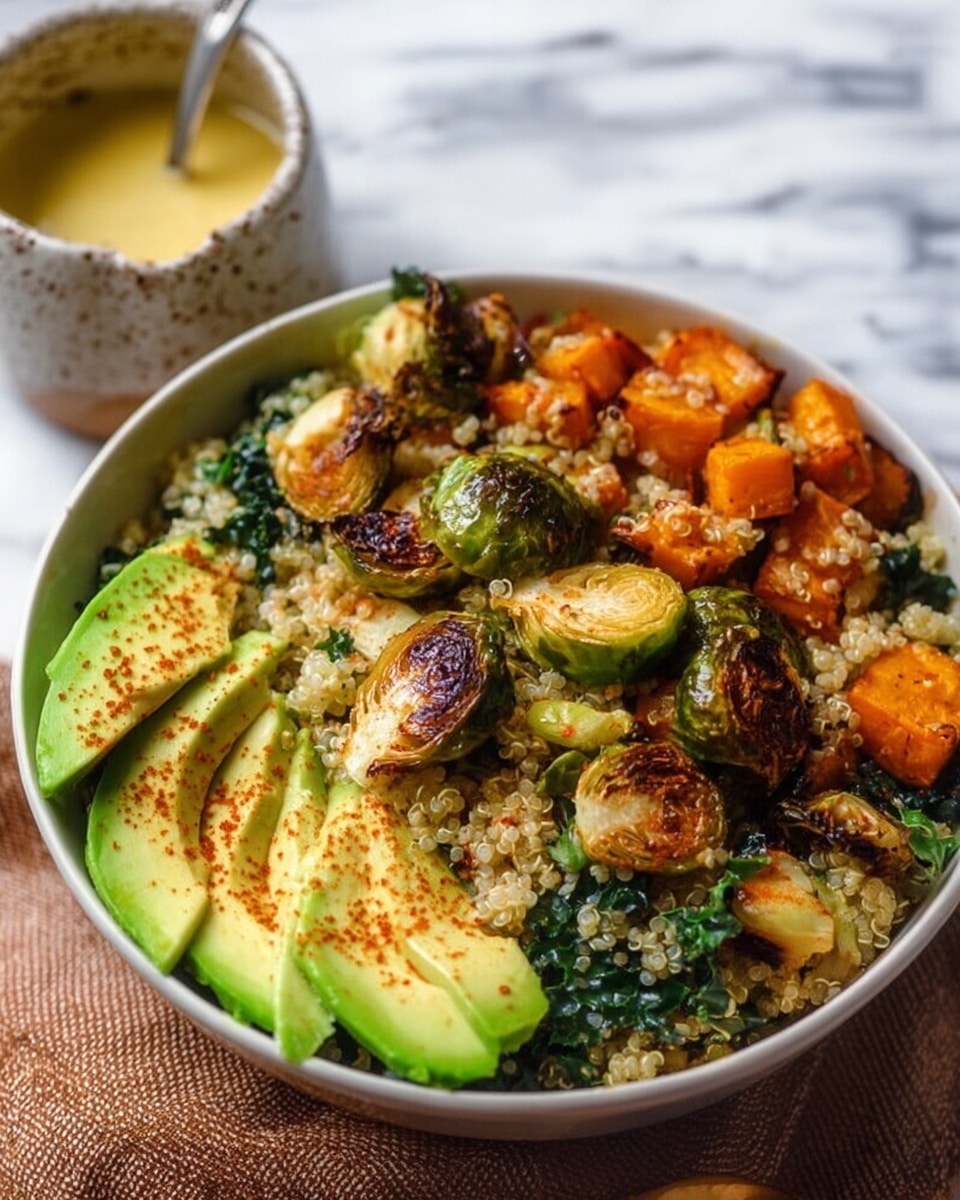 A white bowl filled with a layered dish starting with a base of light beige quinoa mixed with bright green kale pieces. On top, scattered roasted Brussels sprouts with a golden brown and slightly charred texture. There are also chunks of orange roasted vegetables that look like sweet potatoes or carrots placed beside the Brussels sprouts. Several slices of fresh avocado with a smooth light green color and a dusting of red spices are arranged around the bowl. The bowl is set on a white marbled surface with a small blurred brown cloth under it. A small ceramic container filled with yellow dressing is visible in the background. photo taken with an iphone --ar 4:5 --v 7