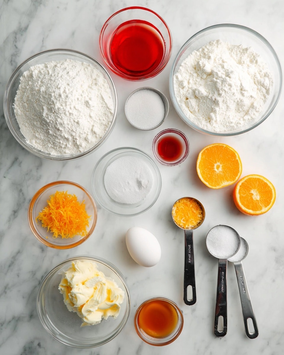 The image shows several clear glass bowls and metal measuring spoons arranged on a white marbled surface. There are three large glass bowls filled with white flour, white sugar, and powdered sugar. Two smaller glass bowls contain a bright red liquid and an orange liquid. Another small glass bowl holds cream cheese, while a separate glass bowl has a light brown liquid, likely vanilla. Metal measuring spoons hold bright orange zest, granulated sugar, and melted butter on the wrapper. An uncooked white egg sits near the center, and two orange halves are placed on opposite sides of the arrangement. The ingredients are spaced out neatly with a clean and bright look, ready for baking. Photo taken with an iphone --ar 4:5 --v 7