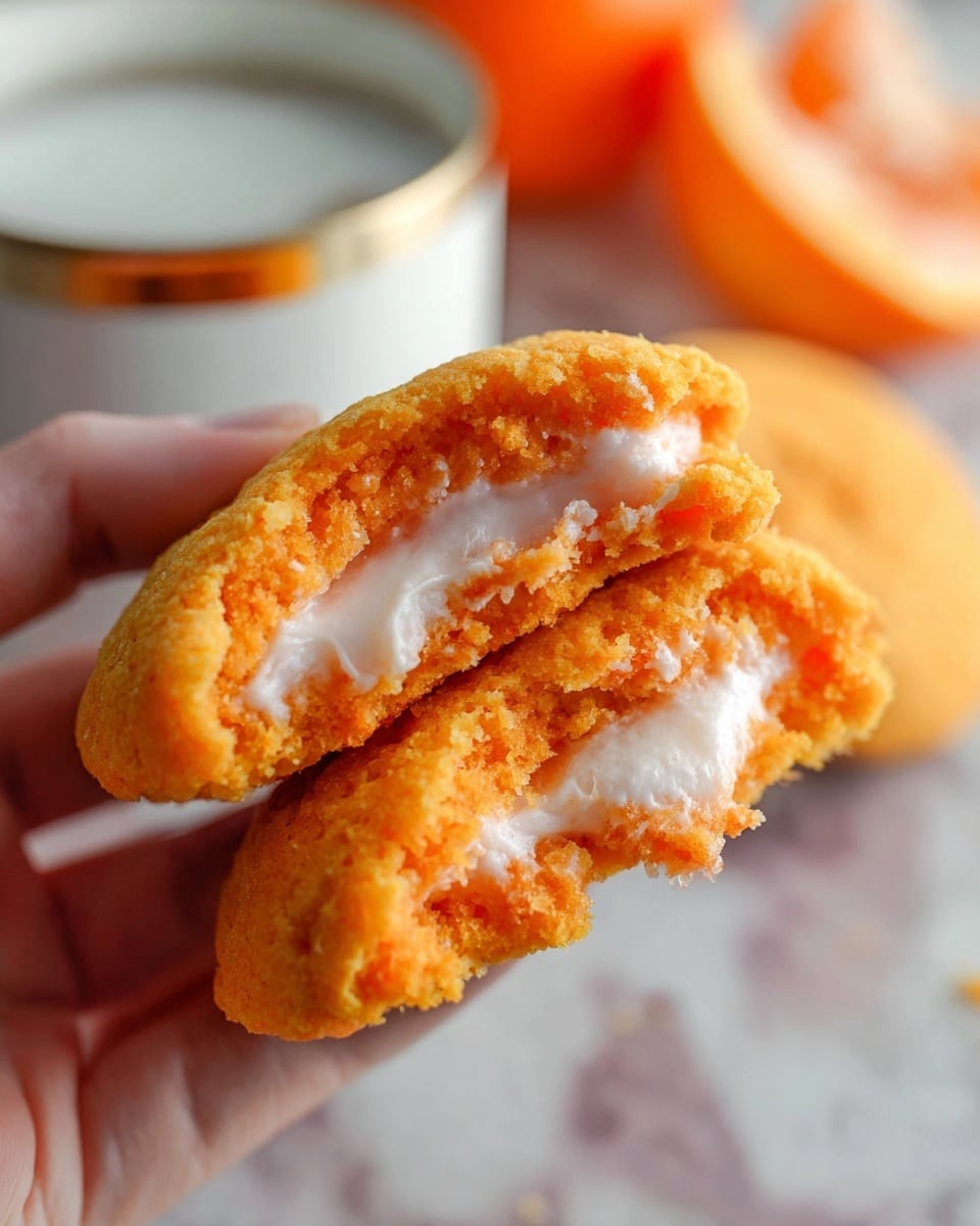 A woman's hand holds an orange soft cookie or cake that is split open to reveal a creamy white filling inside. The cake has a crumbly, moist texture with a bright orange color while the filling looks smooth and glossy. In the background, there is a blurred white cup with a reflective rim and parts of orange fruit visible. The whole scene sits on a white marbled surface. photo taken with an iphone --ar 4:5 --v 7