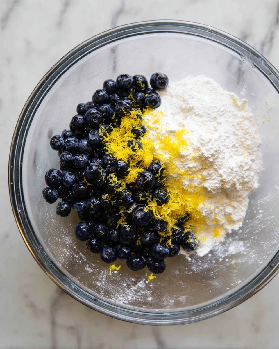 A clear glass bowl on a white marbled surface holds three main layers of ingredients: a base of dark blue whole blueberries, bright yellow lemon zest sprinkled over the berries, and white granulated sugar and flour powders placed mostly on one side, creating a mix of smooth and grainy textures. The bowl is slightly translucent, showing some swelling of the berries under the powders, with light reflecting softly off its surface. Photo taken with an iphone --ar 4:5 --v 7