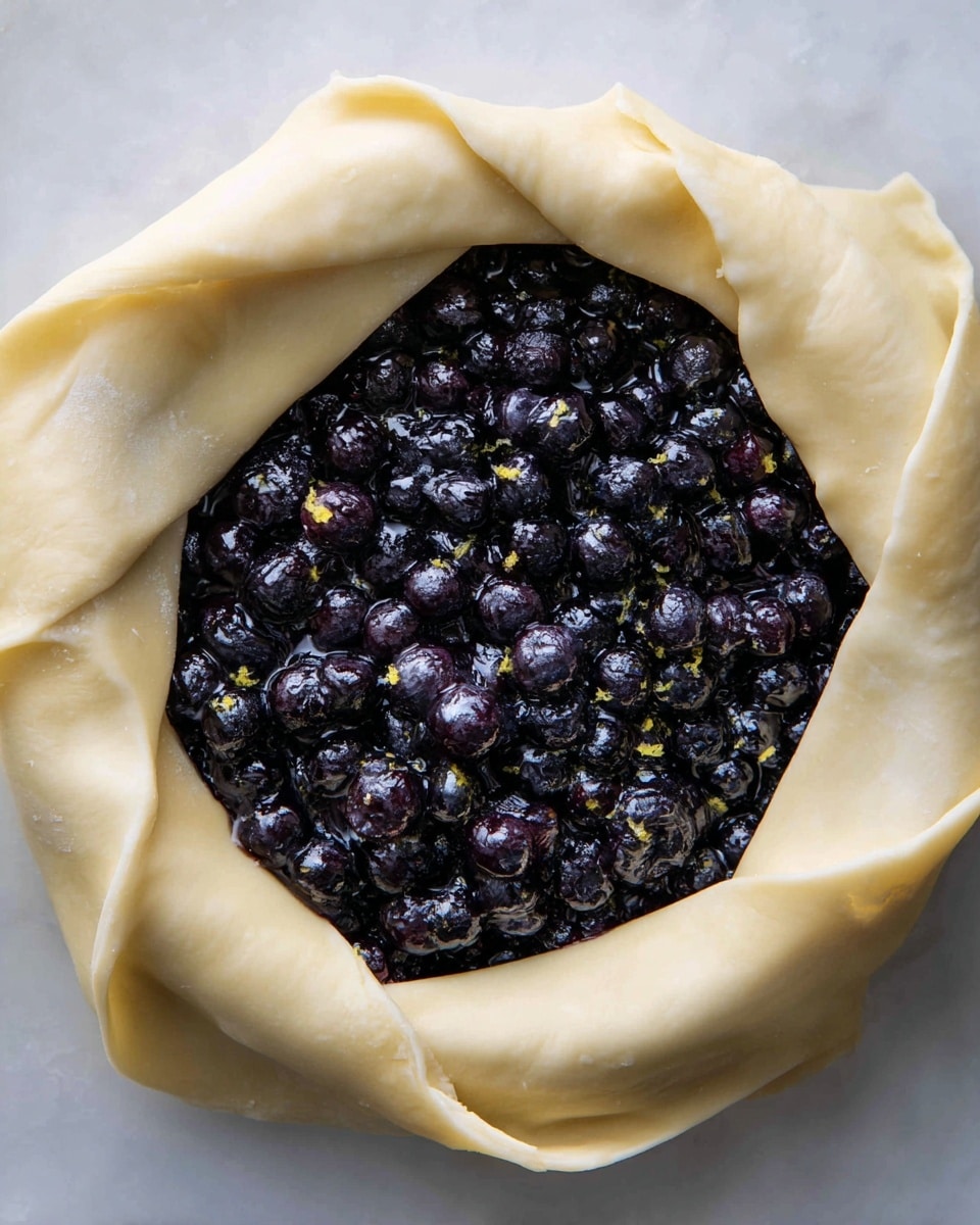 A close-up of a partially folded pie showing a thick layer of whole dark purple blueberries mixed with small bits of yellow zest as the filling, surrounded by an uneven rim of pale, smooth dough folded over the edges on a white marbled surface. The dough appears soft and slightly shiny, gently wrapped around the dense and textured berry layer that fills the center fully. photo taken with an iphone --ar 4:5 --v 7