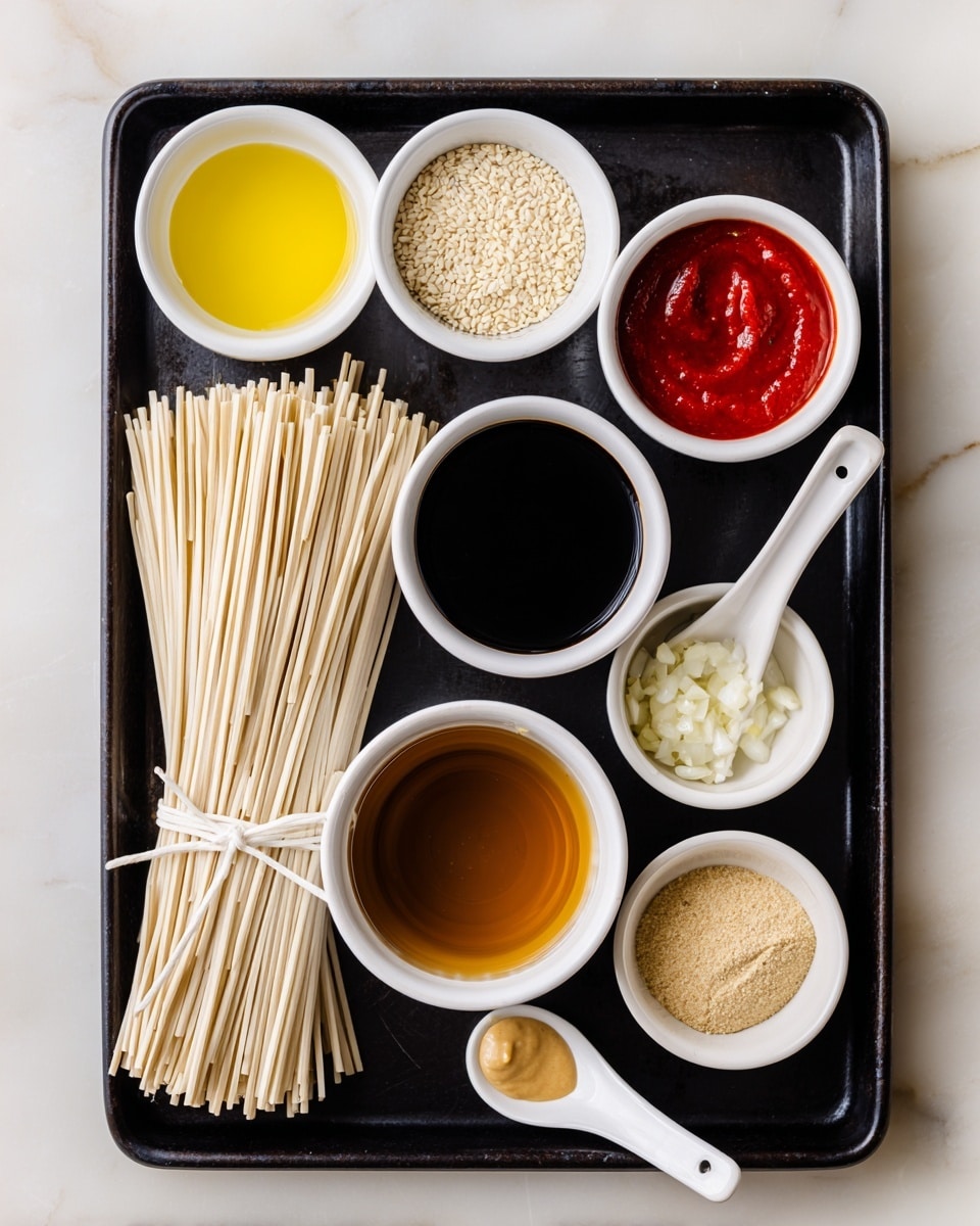 The image shows a black baking tray on a white marbled surface holding several small white bowls and one spoon, each containing different ingredients. Near the top left is a small white bowl with yellow oil. Below it, a bunch of light tan rice noodles is tied with a white string, lying flat. To the right of the noodles, a small white bowl has dark soy sauce. Next to it, there is a small white bowl with red sriracha sauce at the top right. Below that is a small white bowl with chopped white garlic. To the right center, a small white bowl holds brown sesame oil. At the bottom left is a small white bowl filled with honey, and near the center bottom, a small white bowl holds light tan tahini. A white spoon with light yellow ginger paste is placed near the sesame oil bowl. All the bowls and ingredients are neatly spaced on the tray. Photo taken with an iphone --ar 4:5 --v 7