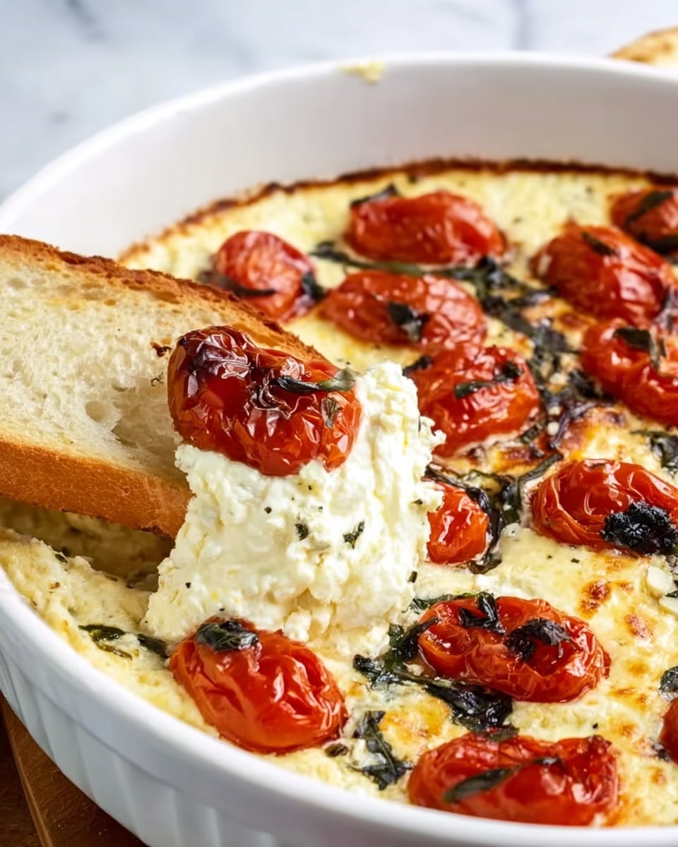 The image shows a white baking dish filled with a creamy, baked cheese layer topped with roasted cherry tomatoes scattered evenly across the surface. Dark green basil leaves are spread throughout the cheesy layer, adding contrast. A slice of light brown bread is dipping into the cheese mixture, holding a scoop of the soft, white cheese topped with one roasted tomato half. The dish rests on a white marbled surface. Photo taken with an iphone --ar 4:5 --v 7