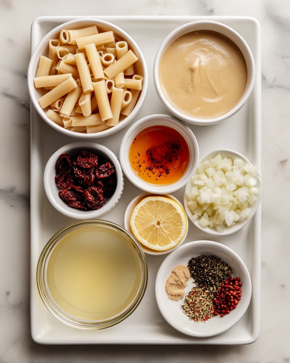 A white baking tray holds several small white bowls arranged neatly. On the top left, a bowl filled with dried pasta tubes is next to a larger bowl of light beige tahini on the top right. Below the pasta, a small bowl of dark red sundried tomatoes sits beside an orange oil in another small bowl with some spices on its surface. In the center, a small white bowl contains minced garlic. To the right, a larger white bowl is full of chopped white onion. On the bottom left, a clear glass bowl sits on the tray filled with light creamy broth beside two lemon halves, and a small bowl at the bottom center holds mixed spices with shades of black, red, and brown. The scene is on a white marbled surface. Photo taken with an iphone --ar 4:5 --v 7
