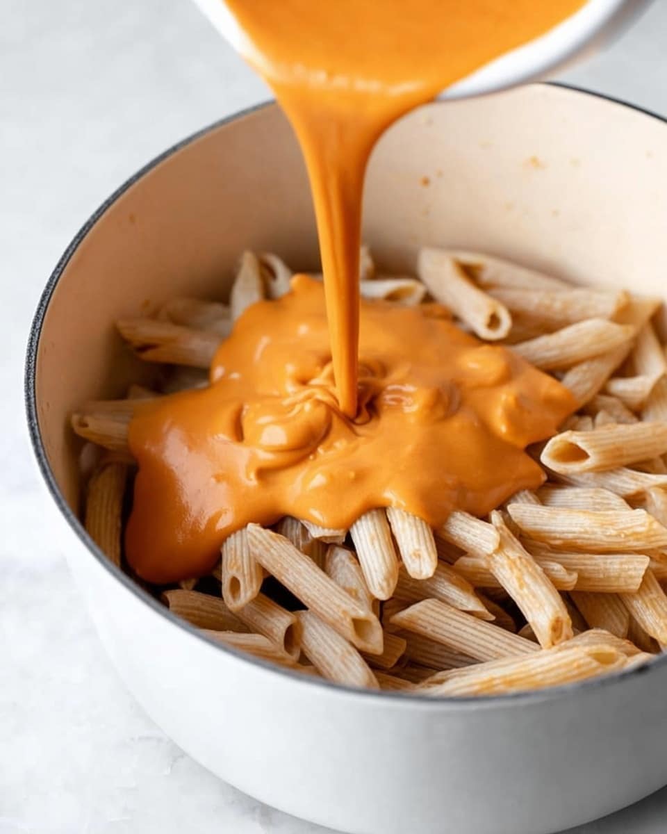 A white pot filled with a layer of cooked penne pasta at the bottom with a smooth, thick orange sauce being poured over it, showing the sauce mid-pour covering the pasta. The pasta is beige with a slightly shiny texture, and the sauce looks creamy and rich, slowly spreading on top. The pot sits on a white marbled surface. photo taken with an iphone --ar 4:5 --v 7