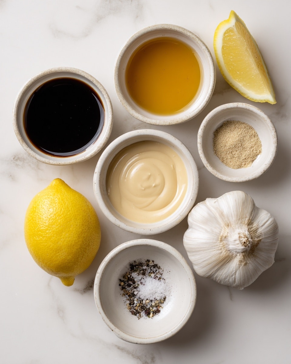 A top view of six small white bowls and one whole garlic bulb and lemon arranged on a white marbled surface. The bowls contain maple syrup with a dark amber color, clear water, light beige tahini, pale yellow Dijon mustard with a smooth creamy texture, and salt and pepper with coarse white salt and black pepper grains. The lemon is bright yellow and placed near the garlic, which is white with cloves visible in the bulb. Each ingredient is spaced evenly with clear labels above or beside them. Photo taken with an iphone --ar 4:5 --v 7