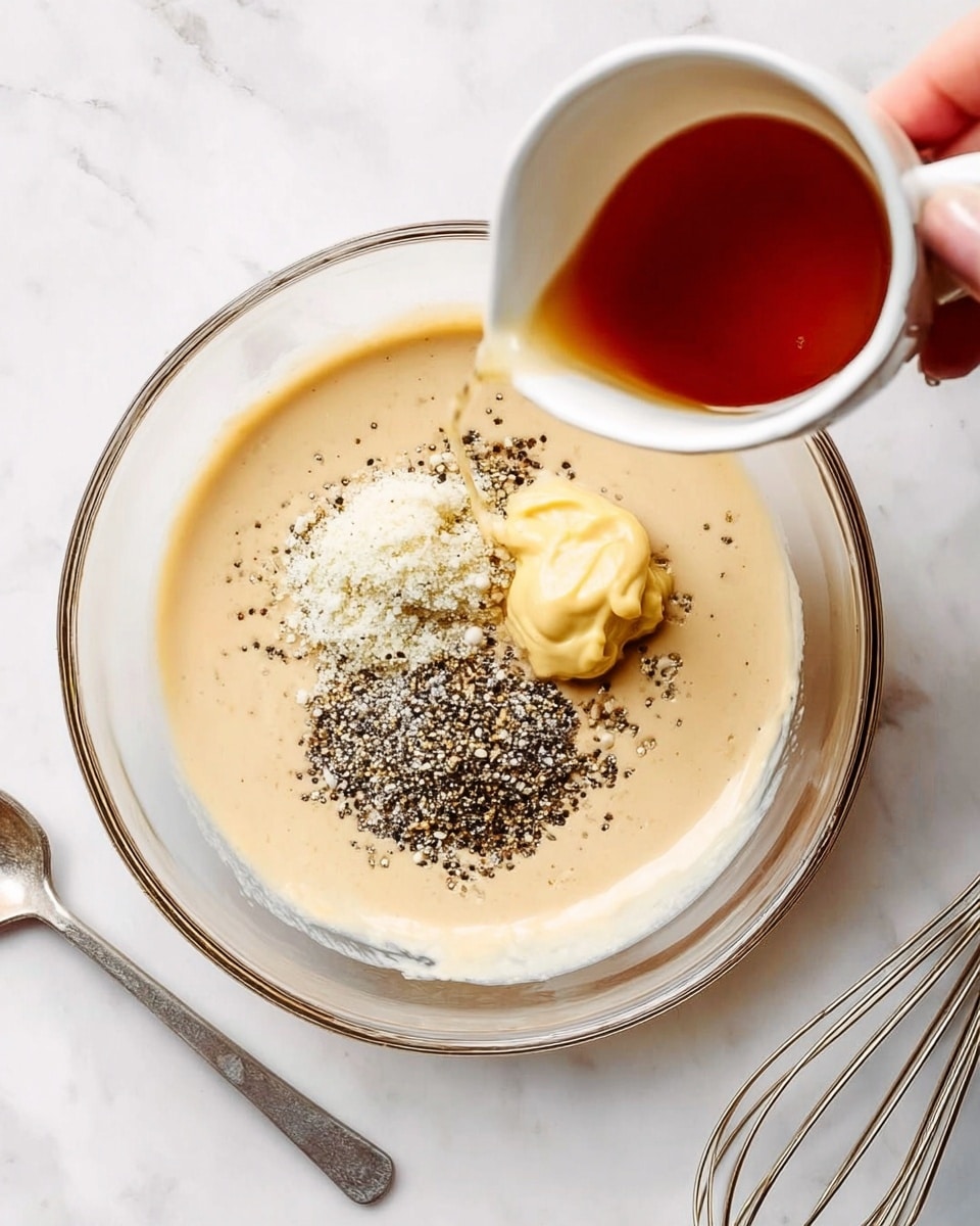 A clear glass bowl sits on a white marbled surface, filled with a creamy beige sauce base. On top of this sauce, there are distinct piles: a pale yellow smooth dollop of mustard, a white grainy heap likely minced garlic or onion, and a black and white coarsely cracked pepper mix. A woman's hand is holding a small white cup with a reddish-brown liquid, pouring it into the bowl. A metal whisk lays beside the bowl on the surface, ready for mixing. Photo taken with an iphone --ar 4:5 --v 7