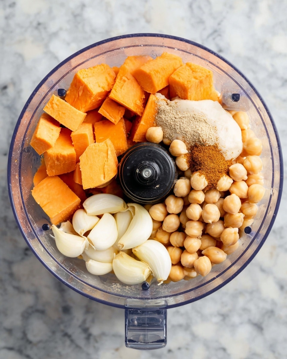 A clear food processor bowl shows four main groups of ingredients inside against a white marbled background: on the left, bright orange chunks of sweet potatoes with a smooth texture; below them, three whole peeled garlic cloves in off-white; on the right, a cluster of beige chickpeas with a smooth round shape; and in the middle, a small mound of light brown ground spice, creamy white tahini sauce, and two halves of a yellow lemon sitting on top of the chickpeas. The black center blade is visible at the bottom inside the bowl. Photo taken with an iphone --ar 4:5 --v 7