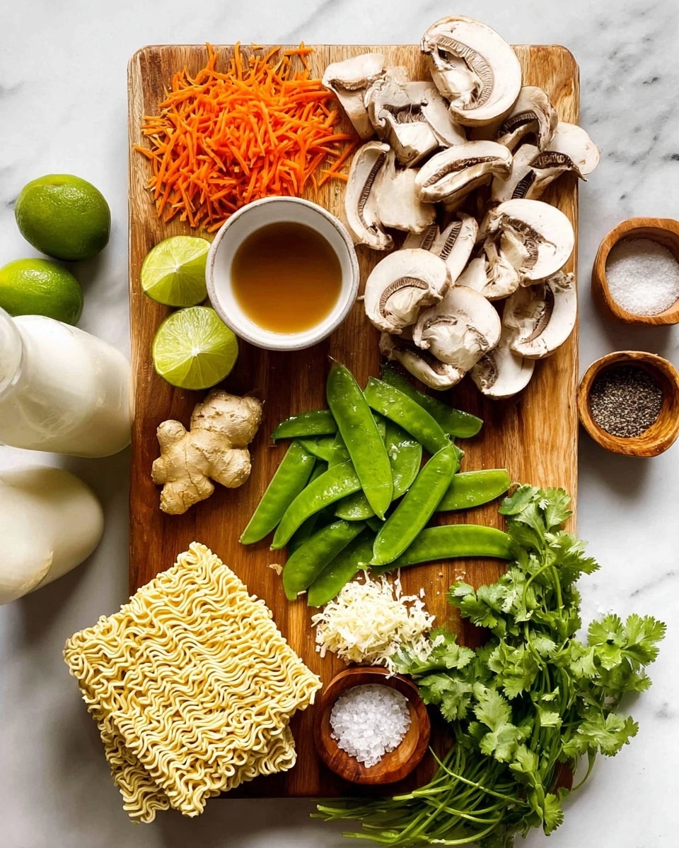 A wooden board on a white marbled surface holds fresh ingredients arranged neatly: on the upper right, light brown sliced mushrooms with white inner flesh; below the mushrooms, a pile of finely chopped white garlic; next to garlic, a mound of grated light yellow ginger; to the left of the ginger, a small white bowl filled with a light brown liquid sauce; above the bowl, bright green snap peas scattered in the center; above the peas, lime wedges showing vibrant green and juicy textures; to the left of the limes, a metal measuring cup filled with shredded orange carrots; on the lower left of the board, two blocks of uncooked yellow instant noodles with their wavy texture visible; in the bottom right corner, fresh green cilantro sprigs spread loosely; several small wooden bowls holding coarse salt and black pepper, and a milk bottle are placed around the board, all set on the white marbled surface, photo taken with an iphone --ar 4:5 --v 7