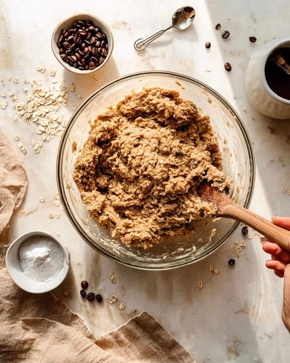 The image shows a large clear glass mixing bowl filled with a thick, rough-textured dough that has visible oats and a light brown color, sitting on a white marbled surface. A wooden spoon is partly stuck into the dough, held by a woman's hand entering from the bottom right. Around the bowl, there are three small white bowls: one filled with dark brown coffee beans, another with a powdery white substance, and a third with dark brown liquid and a small metal spoon resting inside it. Some loose coffee beans and oats are scattered around the surface, and a beige cloth is partly visible under the glass bowl. The lighting is bright and natural, casting soft shadows. photo taken with an iphone --ar 4:5 --v 7