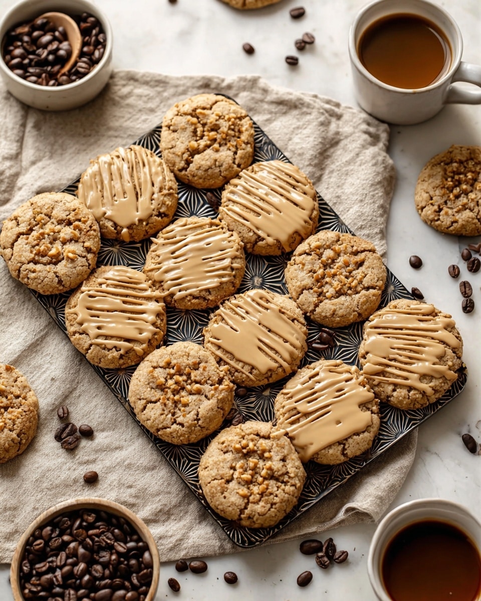 The image shows 15 round cookies with a light tan frosting drizzled unevenly on top, creating a textured and slightly cracked look. The cookies have a golden brown base with a crumbly texture visible beneath the smooth frosting. They are arranged closely together on a dark, patterned rectangular tray placed on a beige cloth with a soft, slightly rough texture. Around the tray, there are scattered dark brown coffee beans, a white cup with dark coffee and light coffee foam, and a small white bowl filled with whole coffee beans. The whole scene is set on a white marbled surface. photo taken with an iphone --ar 4:5 --v 7